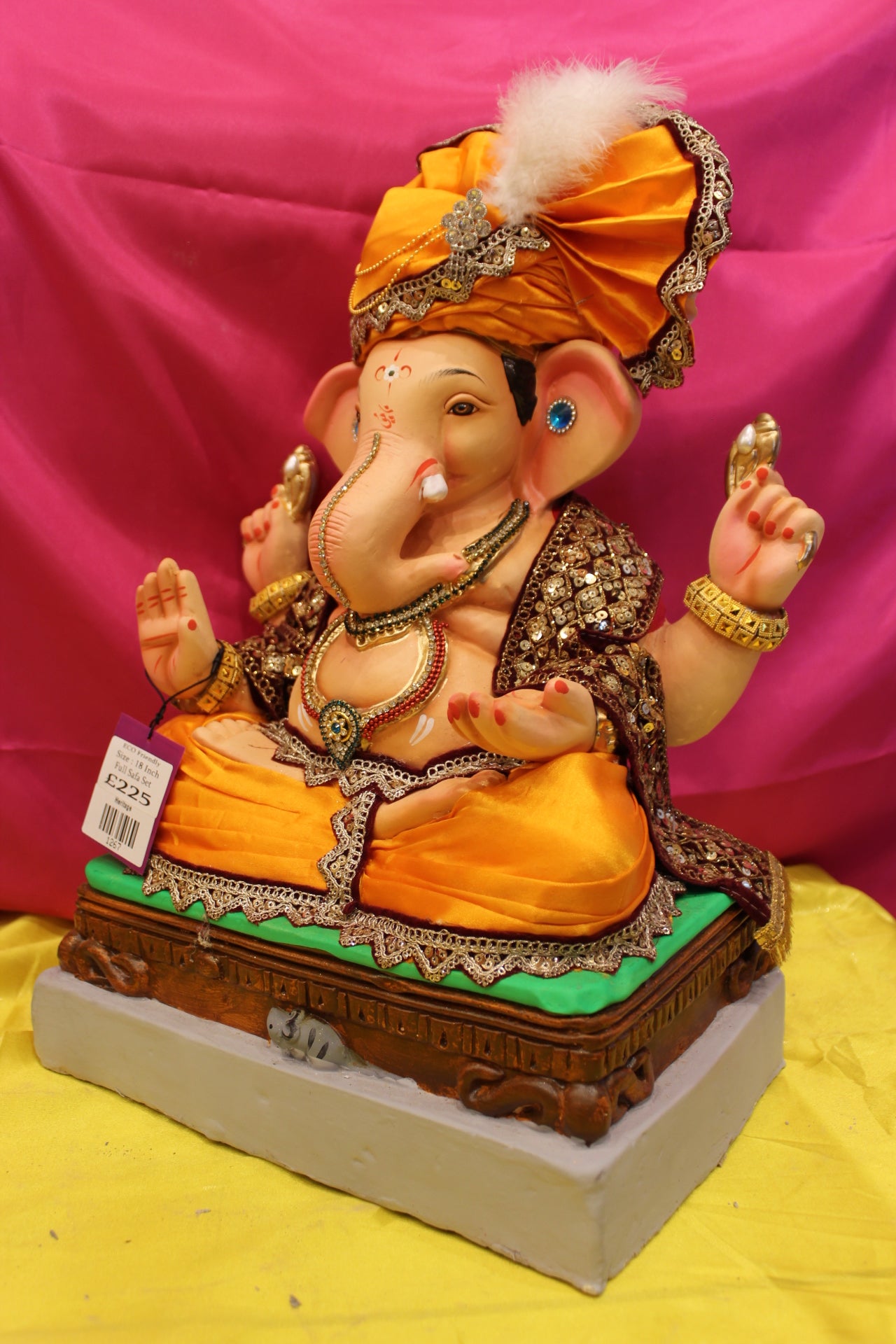 Eco-Friendly Ganesh Visarjan Idol – Full Safa Set, Marigold Silk & Antique Gold, ~18 inch