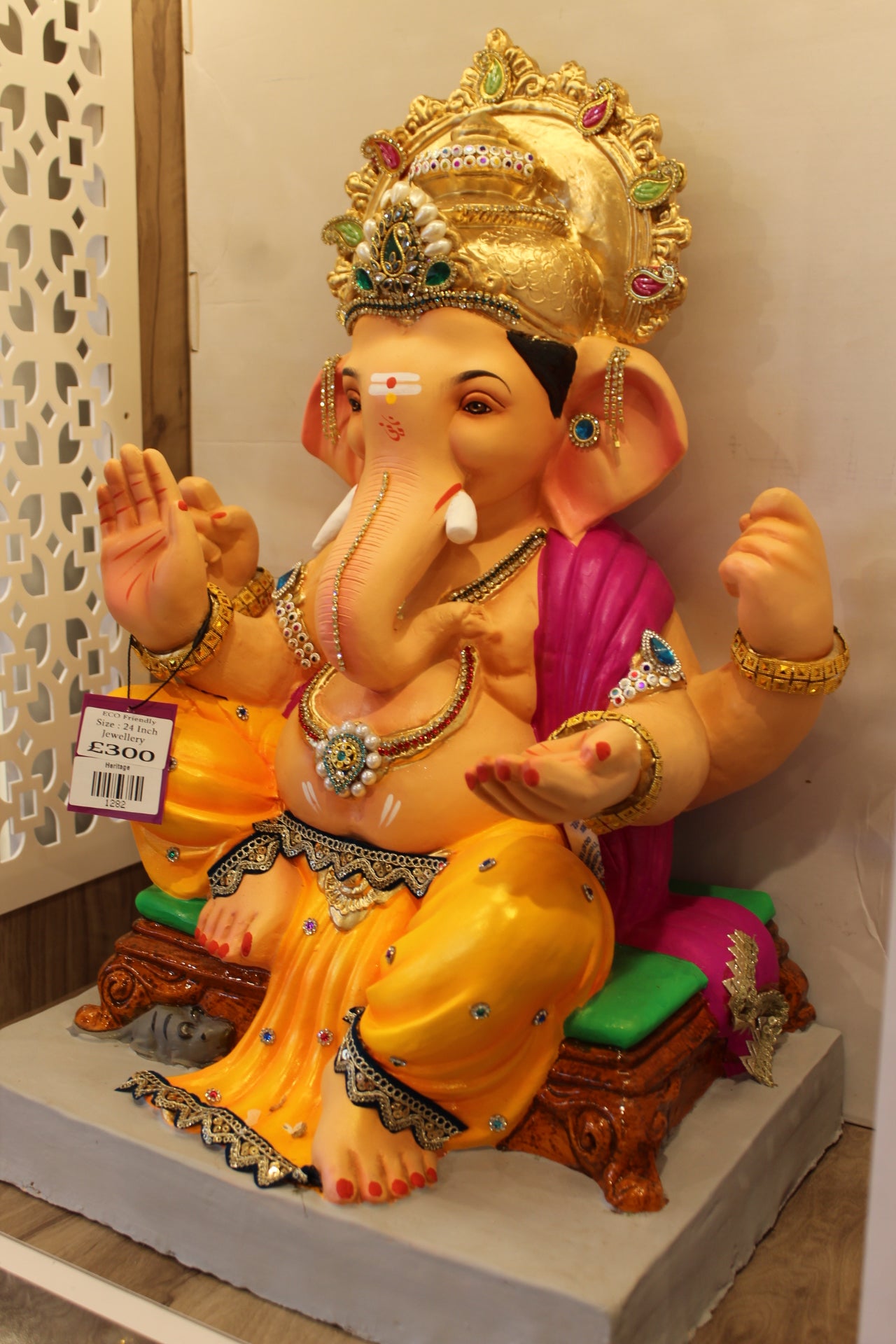 Eco-Friendly Ganesh Visarjan Idol – Marigold Dhoti & Magenta Drape, Gold Halo, ~24 inch