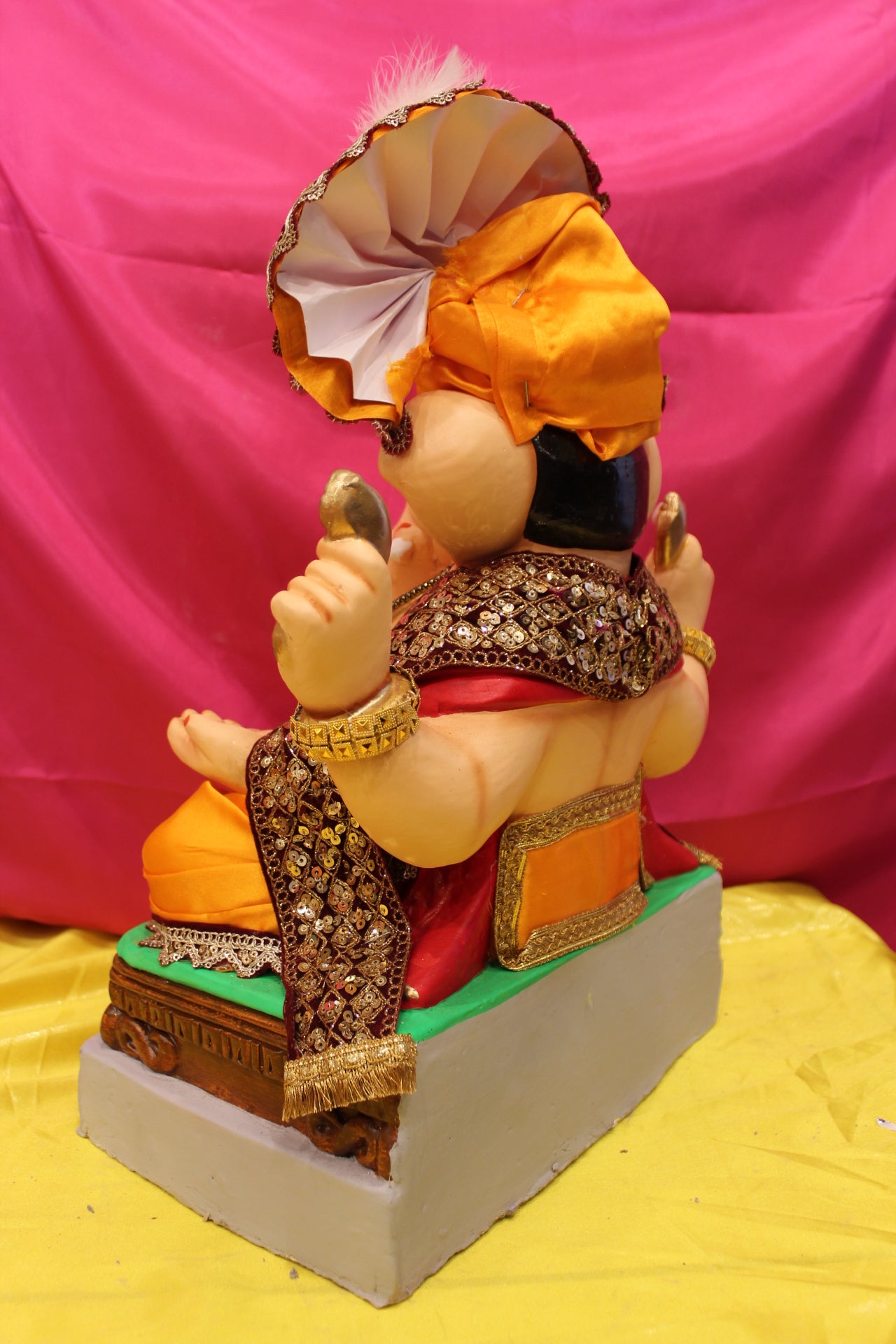 Eco-Friendly Ganesh Visarjan Idol – Full Safa Set, Marigold Silk & Antique Gold, ~18 inch