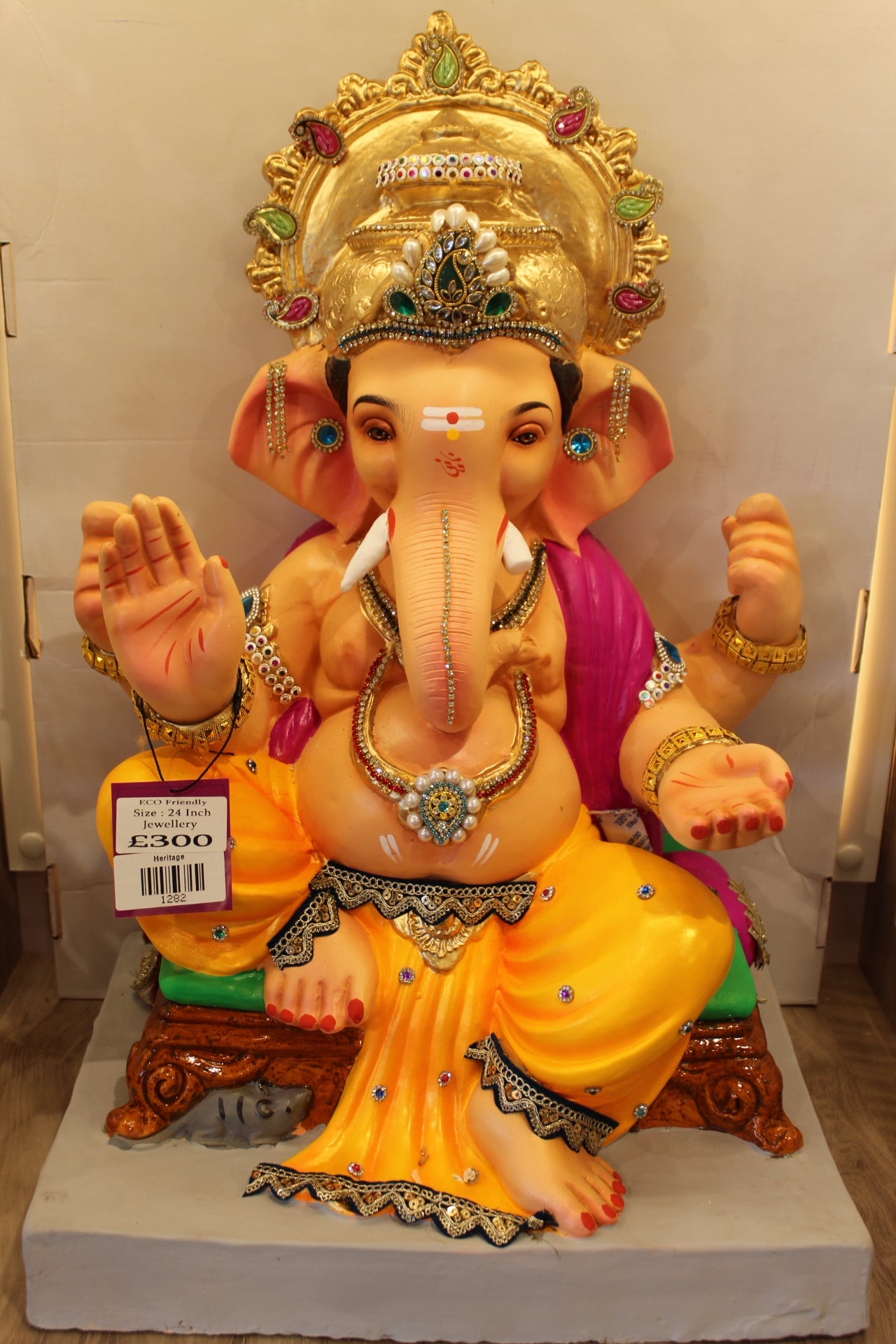 Eco-Friendly Ganesh Visarjan Idol – Marigold Dhoti & Magenta Drape, Gold Halo, ~24 inch