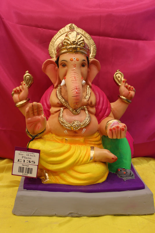 Eco-Friendly Ganesh Visarjan Idol – Yellow Dhoti & Hot Pink Khes, 18 inch