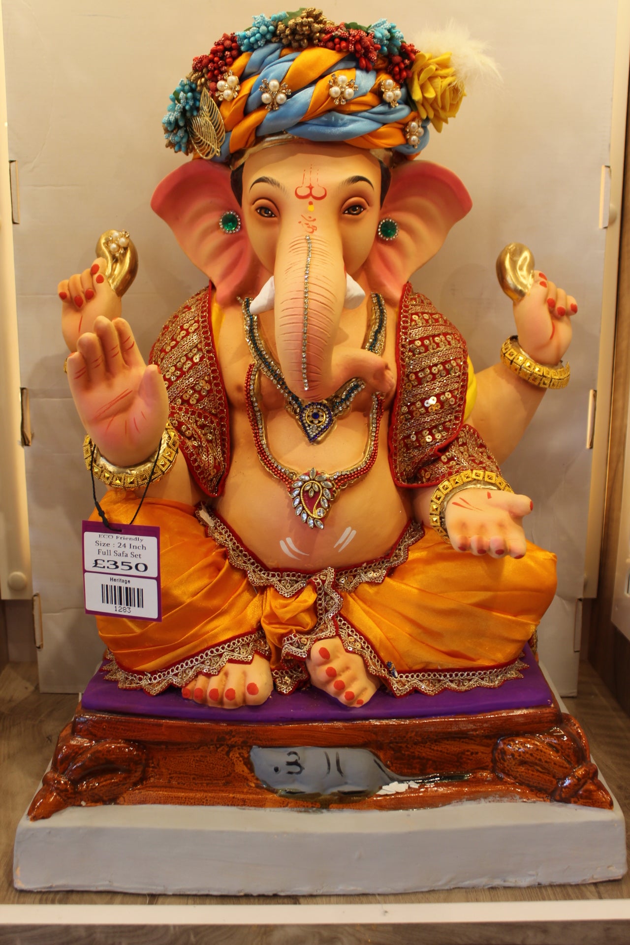 Eco-Friendly Ganesh Visarjan Idol – Full Safa Set, Saffron Pheta & Flower Garland, ~24 inch