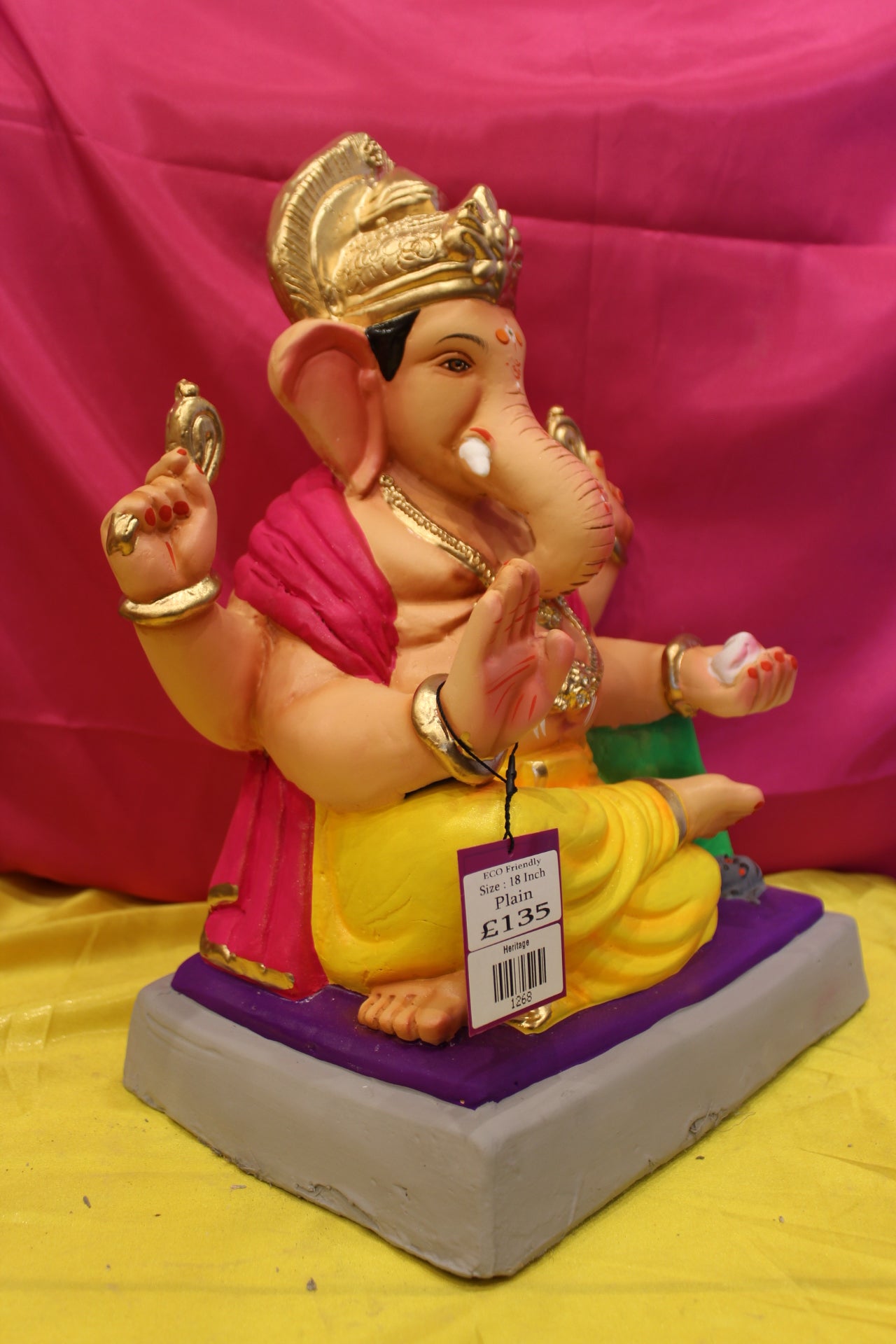 Eco-Friendly Ganesh Visarjan Idol – Yellow Dhoti & Hot Pink Khes, ~18 inch