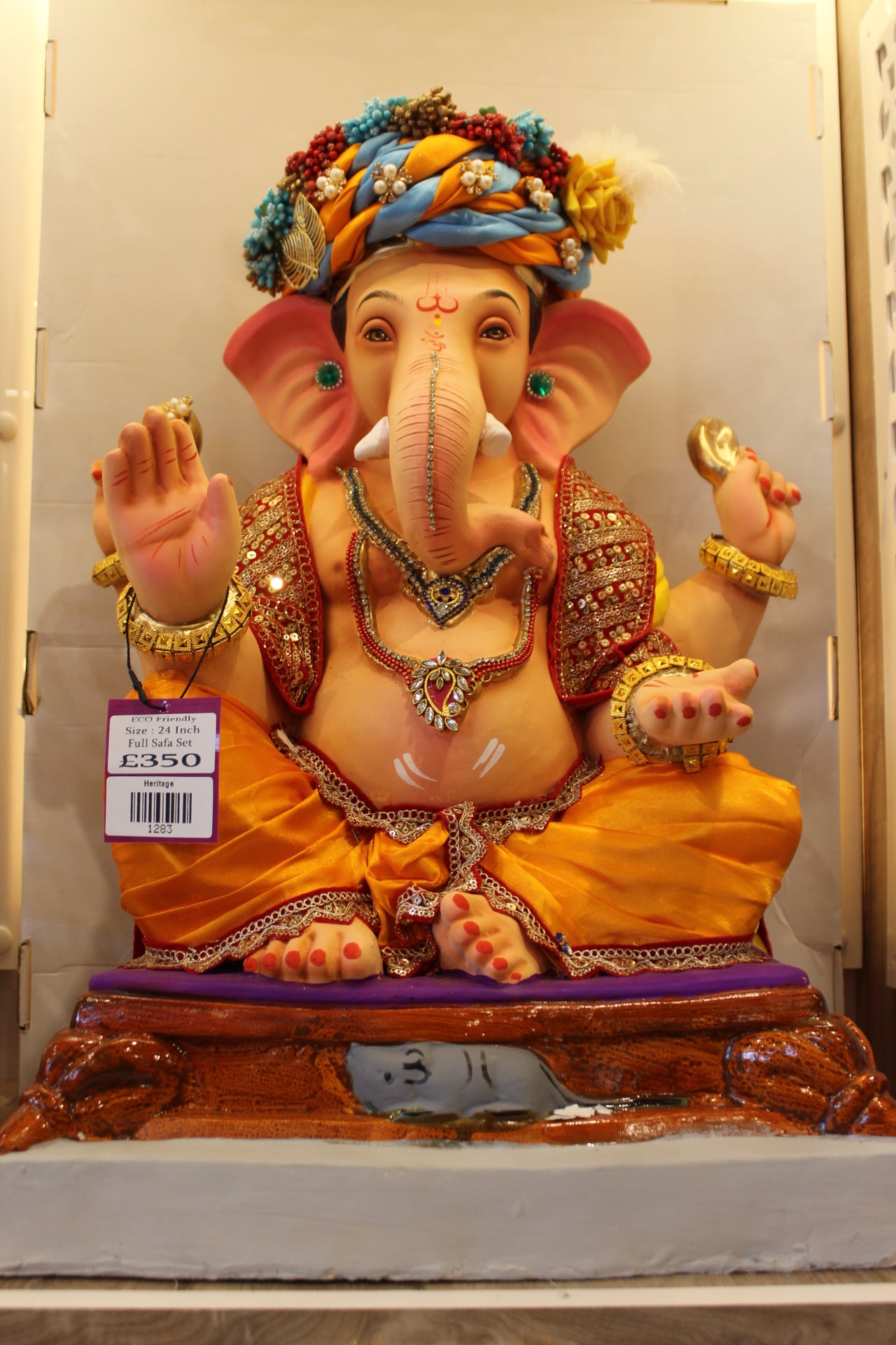 Eco-Friendly Ganesh Visarjan Idol – Full Safa Set, Saffron Pheta & Flower Garland, ~24 inch