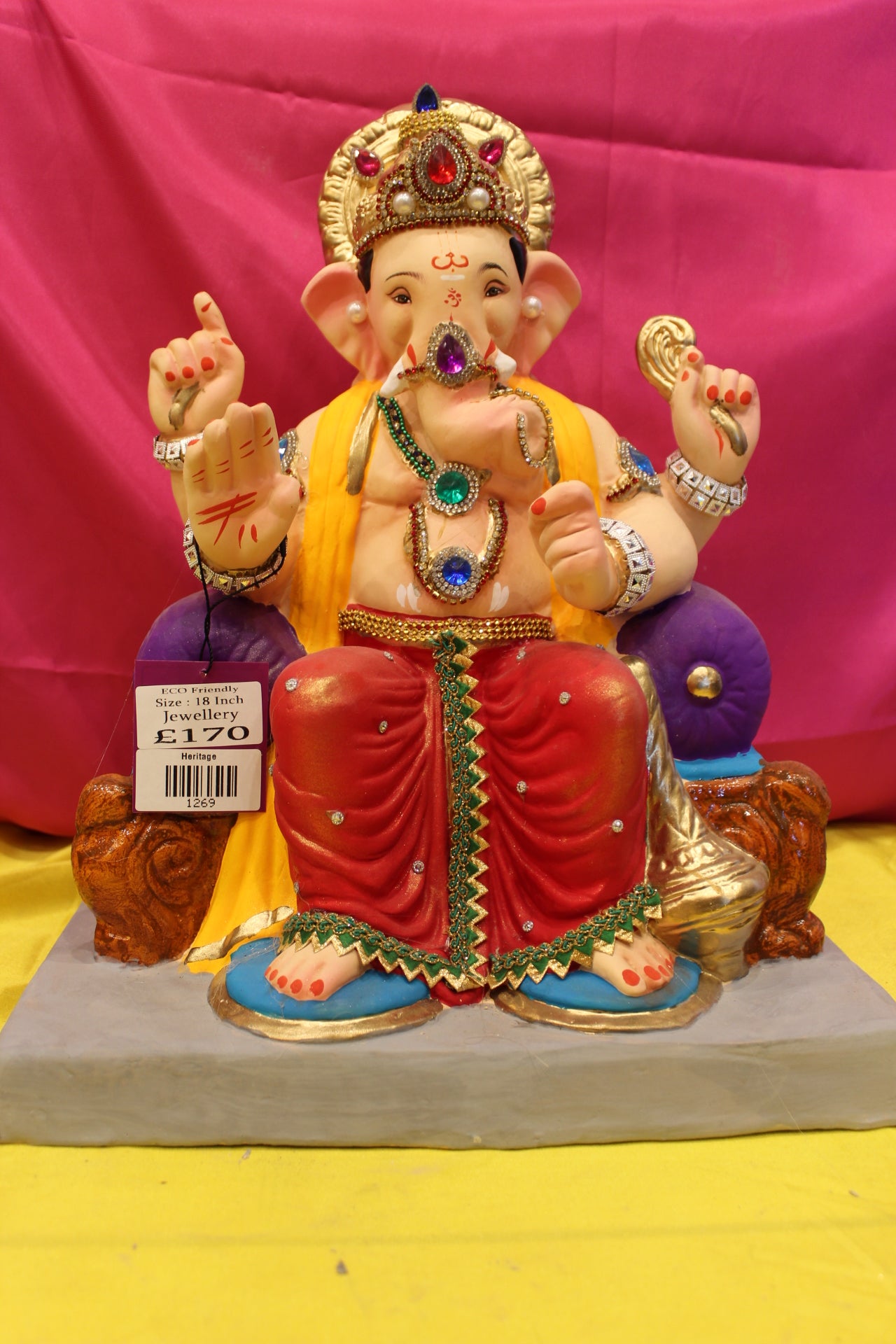 Eco-Friendly Ganesh Visarjan Idol – Jewellery Style, Red Khes & Yellow Dhoti, ~18 inch