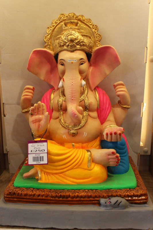 Eco-Friendly Ganesh Visarjan Idol – Yellow Dhoti & Pink Khes, Gold Prabhavali, 24 inch