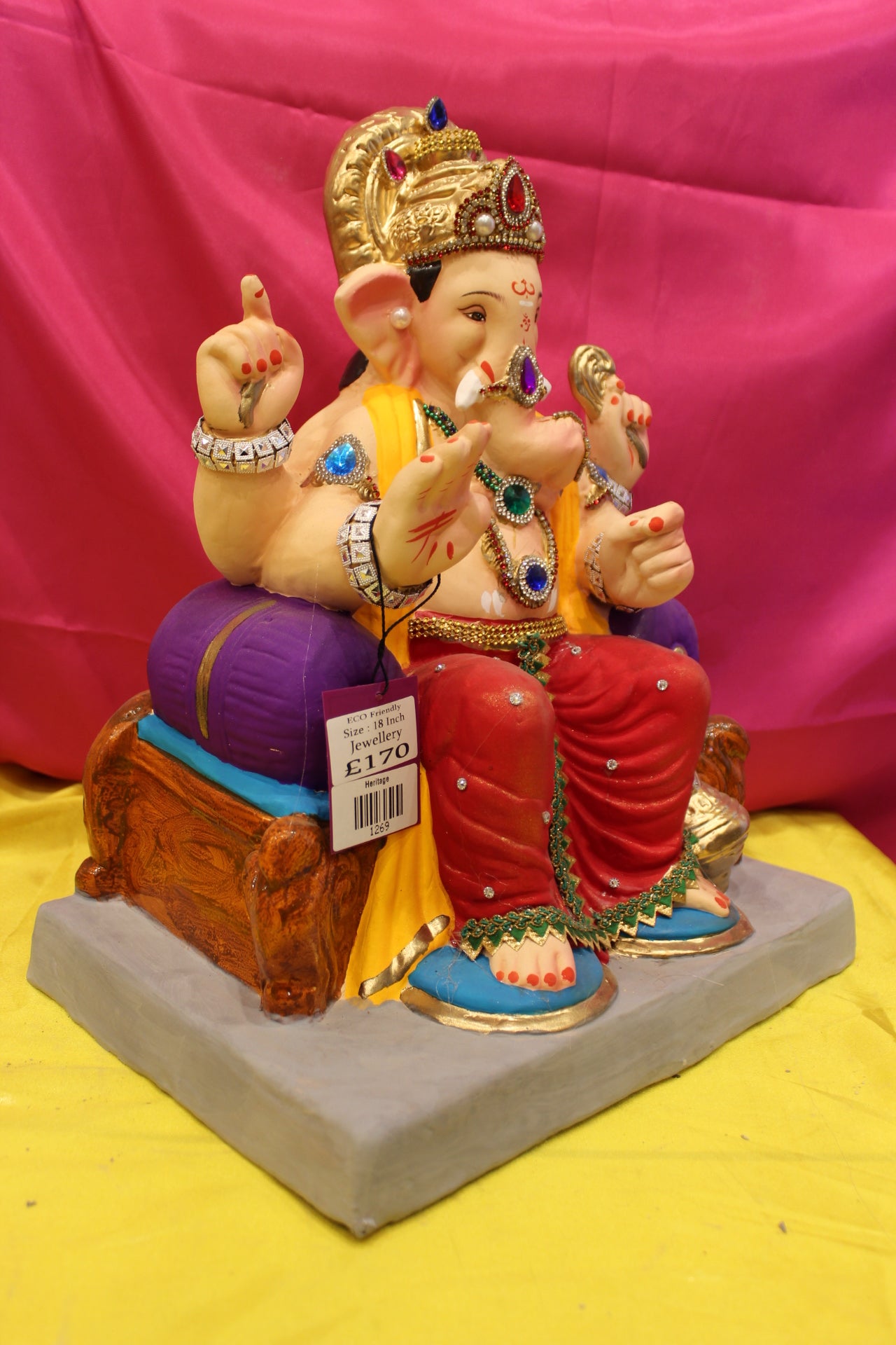 Eco-Friendly Ganesh Visarjan Idol – Jewellery Style, Red Khes & Yellow Dhoti, ~18 inch