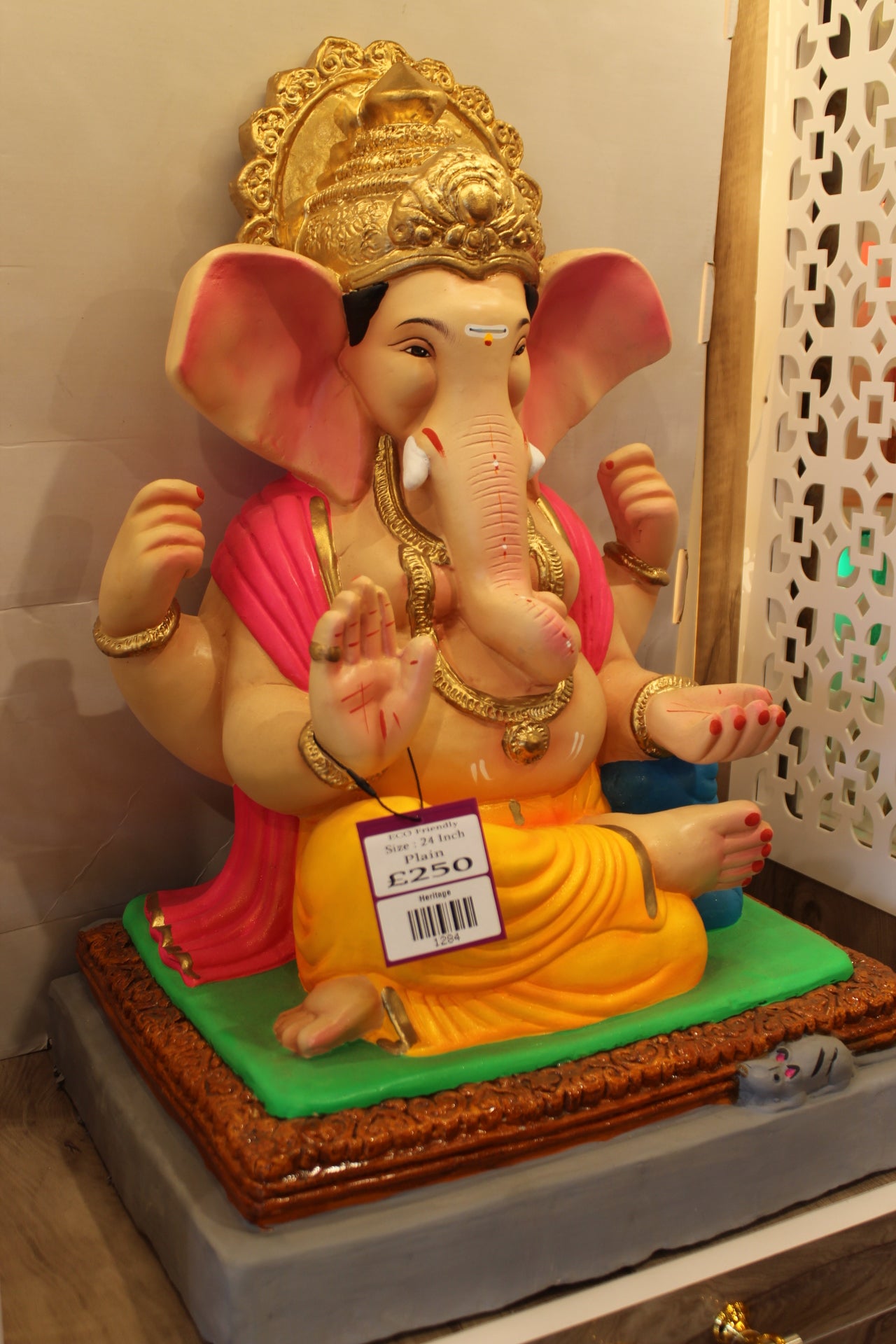 Eco-Friendly Ganesh Visarjan Idol – Yellow Dhoti & Pink Khes, Gold Prabhavali, ~24 inch