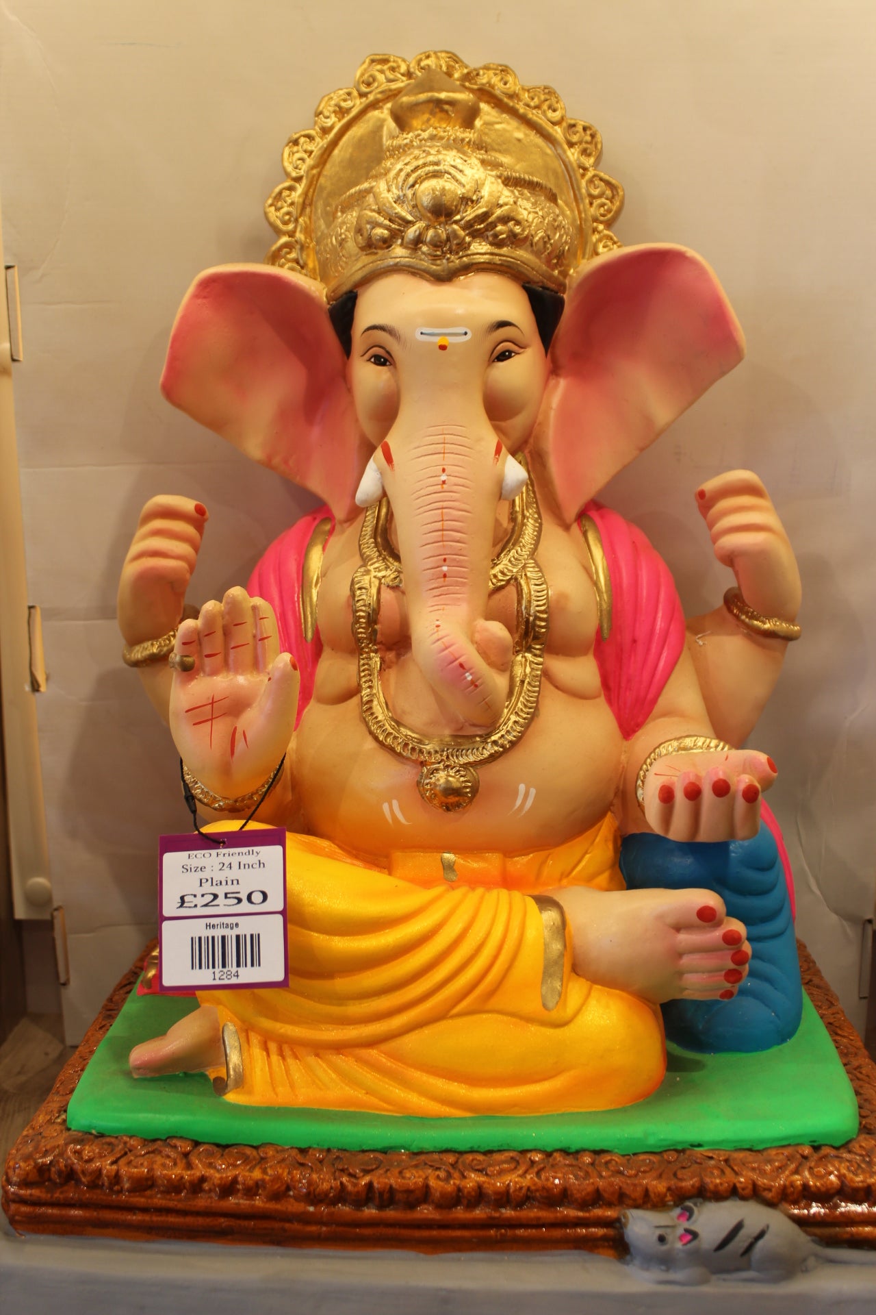 Eco-Friendly Ganesh Visarjan Idol – Yellow Dhoti & Pink Khes, Gold Prabhavali, ~24 inch