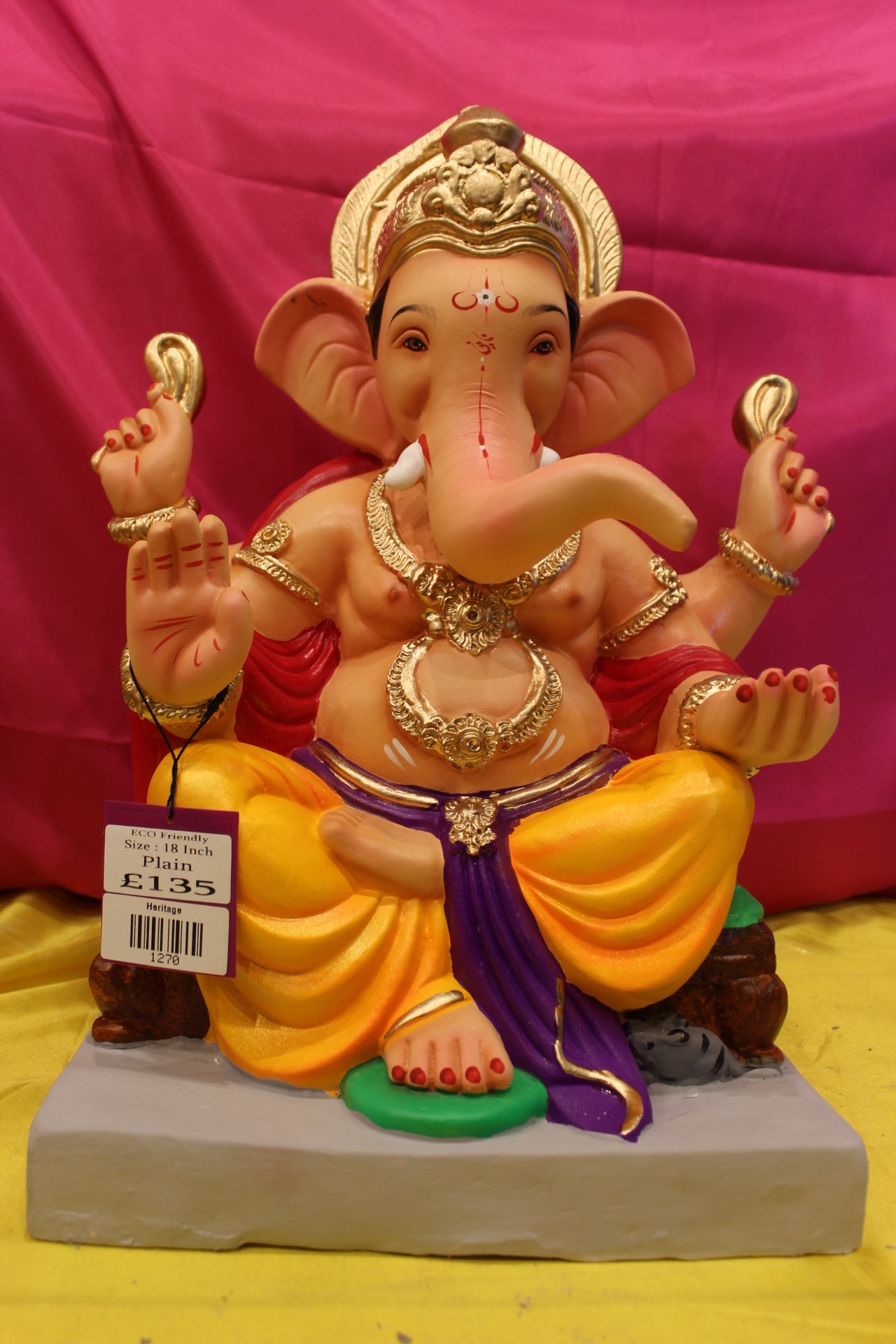 Eco-Friendly Ganesh Visarjan Idol – Marigold Dhoti & Purple Khes, ~18 inch