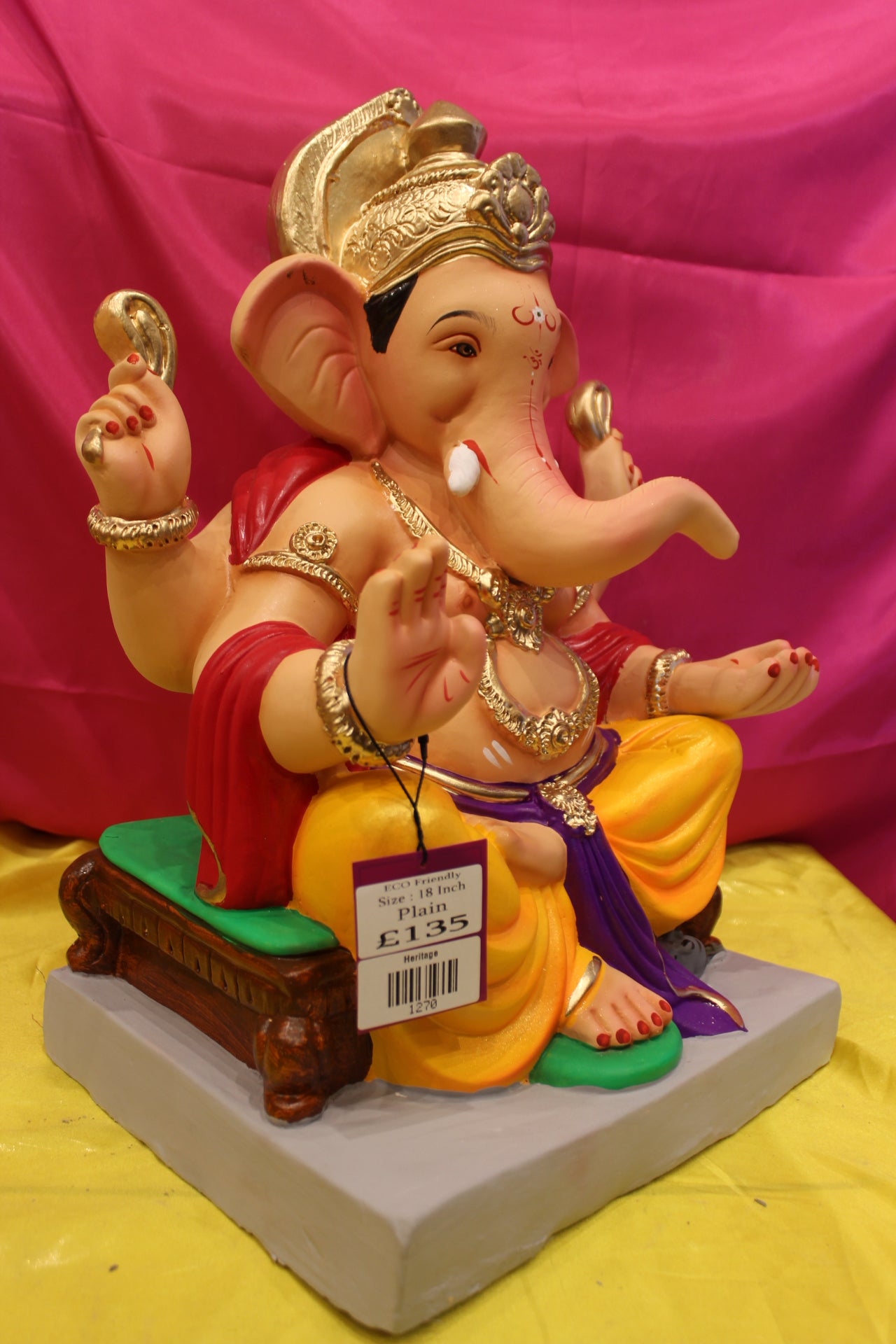 Eco-Friendly Ganesh Visarjan Idol – Marigold Dhoti & Purple Khes, ~18 inch