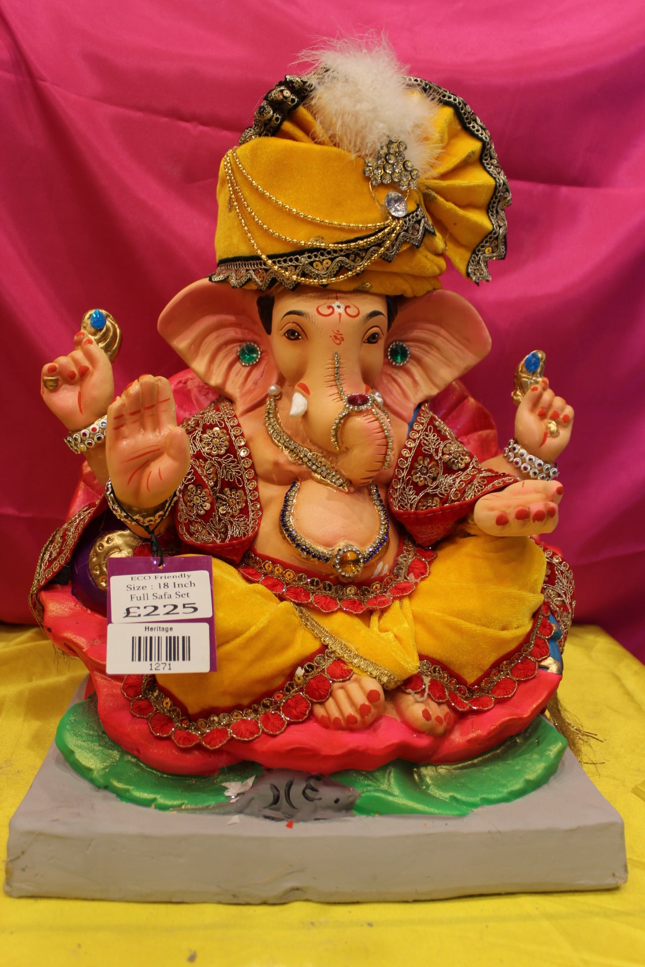 Eco-Friendly Ganesh Visarjan Idol – Full Safa Set, Golden Yellow Velvet & Coral Zari, ~18 inch