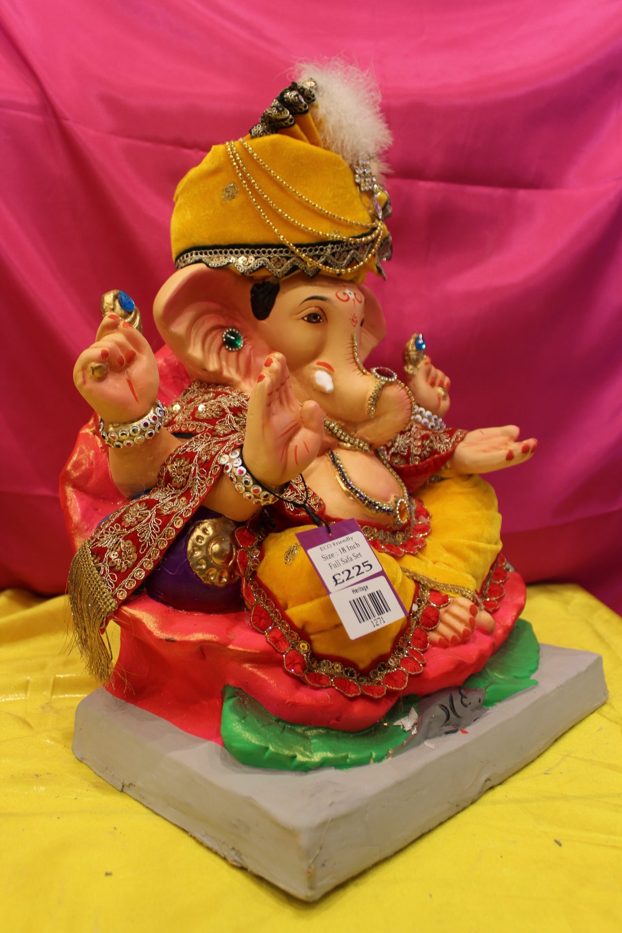 Eco-Friendly Ganesh Visarjan Idol – Full Safa Set, Golden Yellow Velvet & Coral Zari, ~18 inch