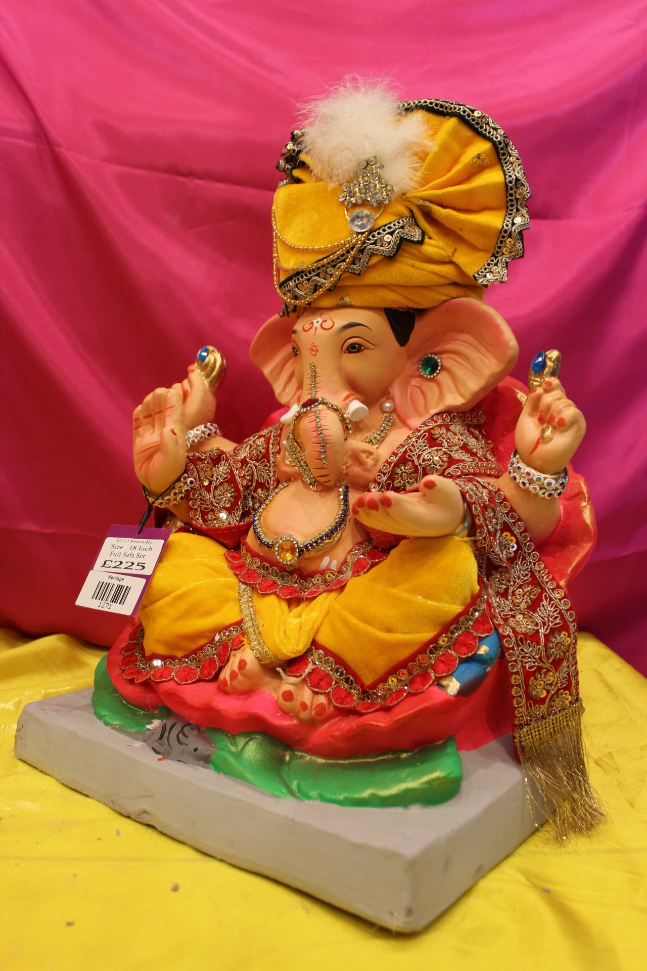Eco-Friendly Ganesh Visarjan Idol – Full Safa Set, Golden Yellow Velvet & Coral Zari, ~18 inch