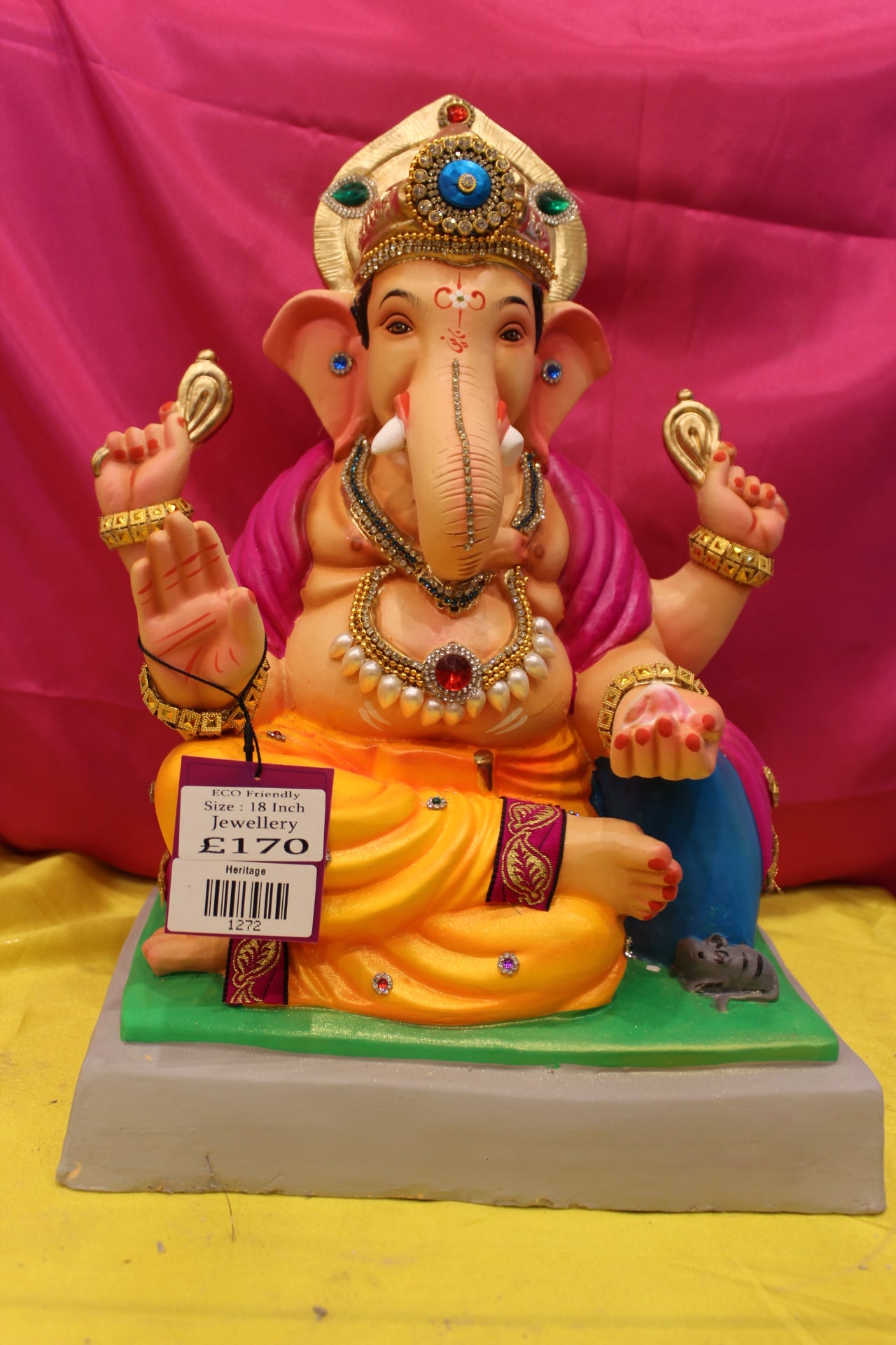Eco-Friendly Ganesh Visarjan Idol – Jewellery Style, Marigold Dhoti & Magenta Sash, ~18 inch