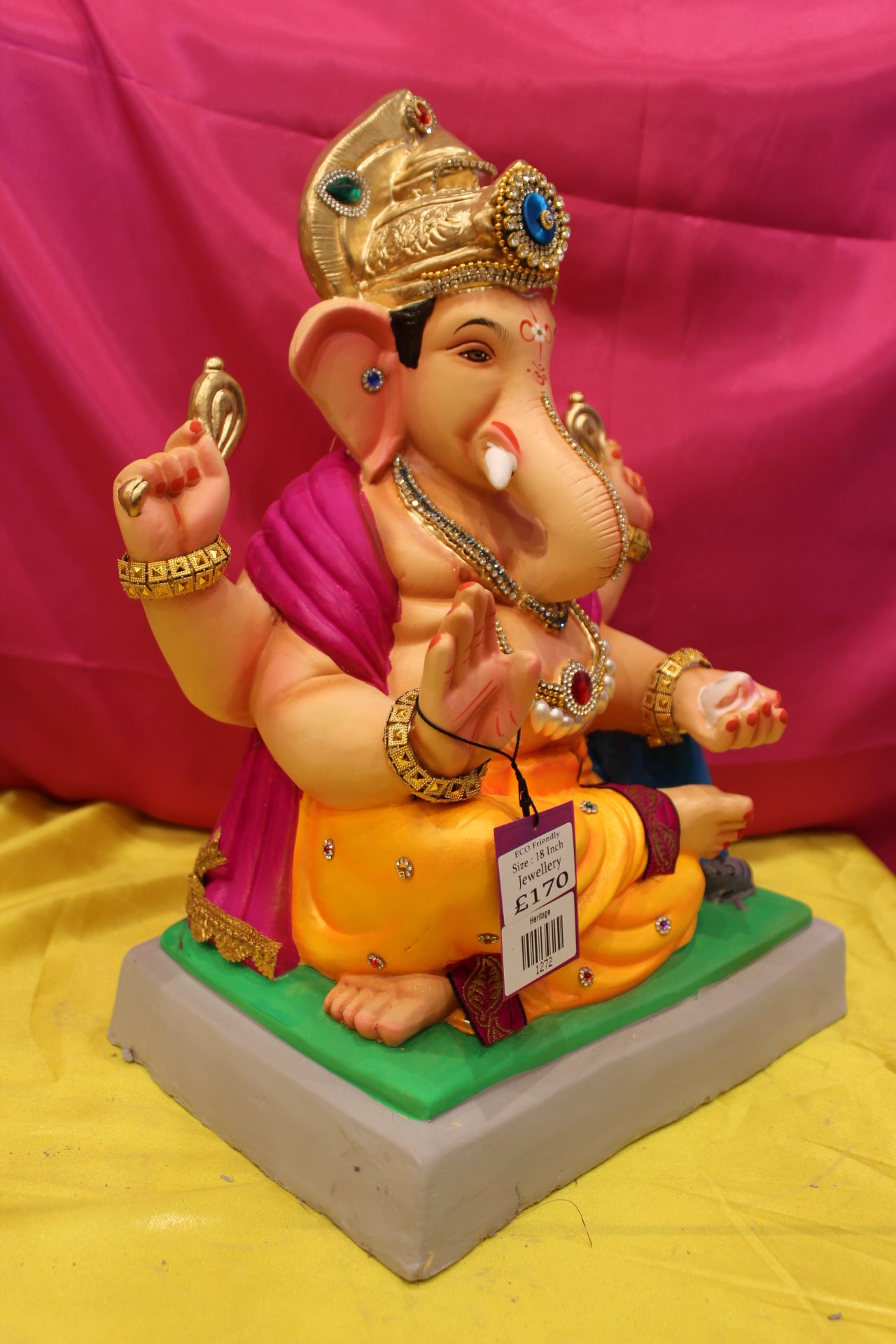 Eco-Friendly Ganesh Visarjan Idol – Jewellery Style, Marigold Dhoti & Magenta Sash, ~18 inch