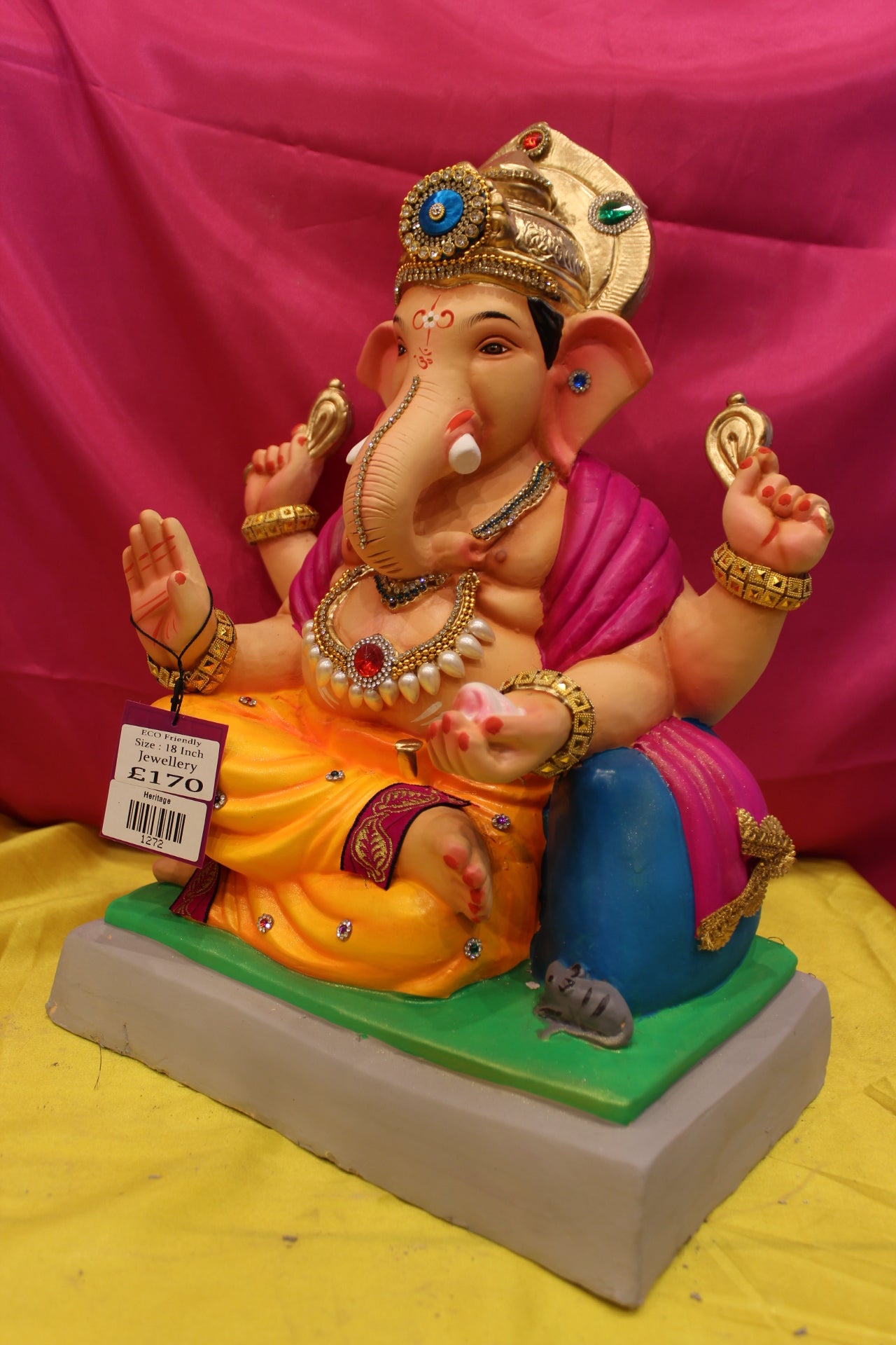 Eco-Friendly Ganesh Visarjan Idol – Jewellery Style, Marigold Dhoti & Magenta Sash, ~18 inch