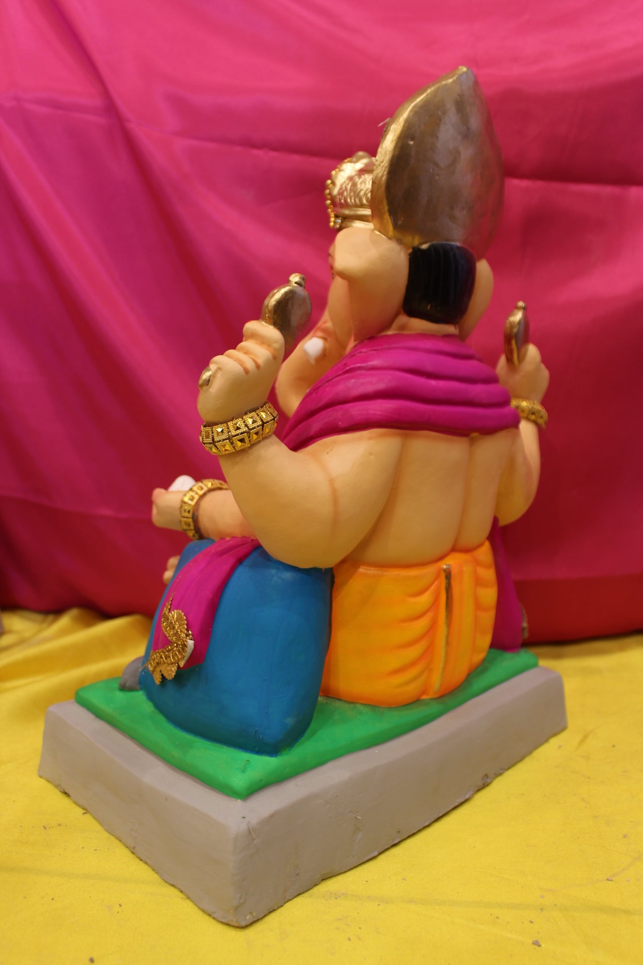 Eco-Friendly Ganesh Visarjan Idol – Jewellery Style, Marigold Dhoti & Magenta Sash, ~18 inch
