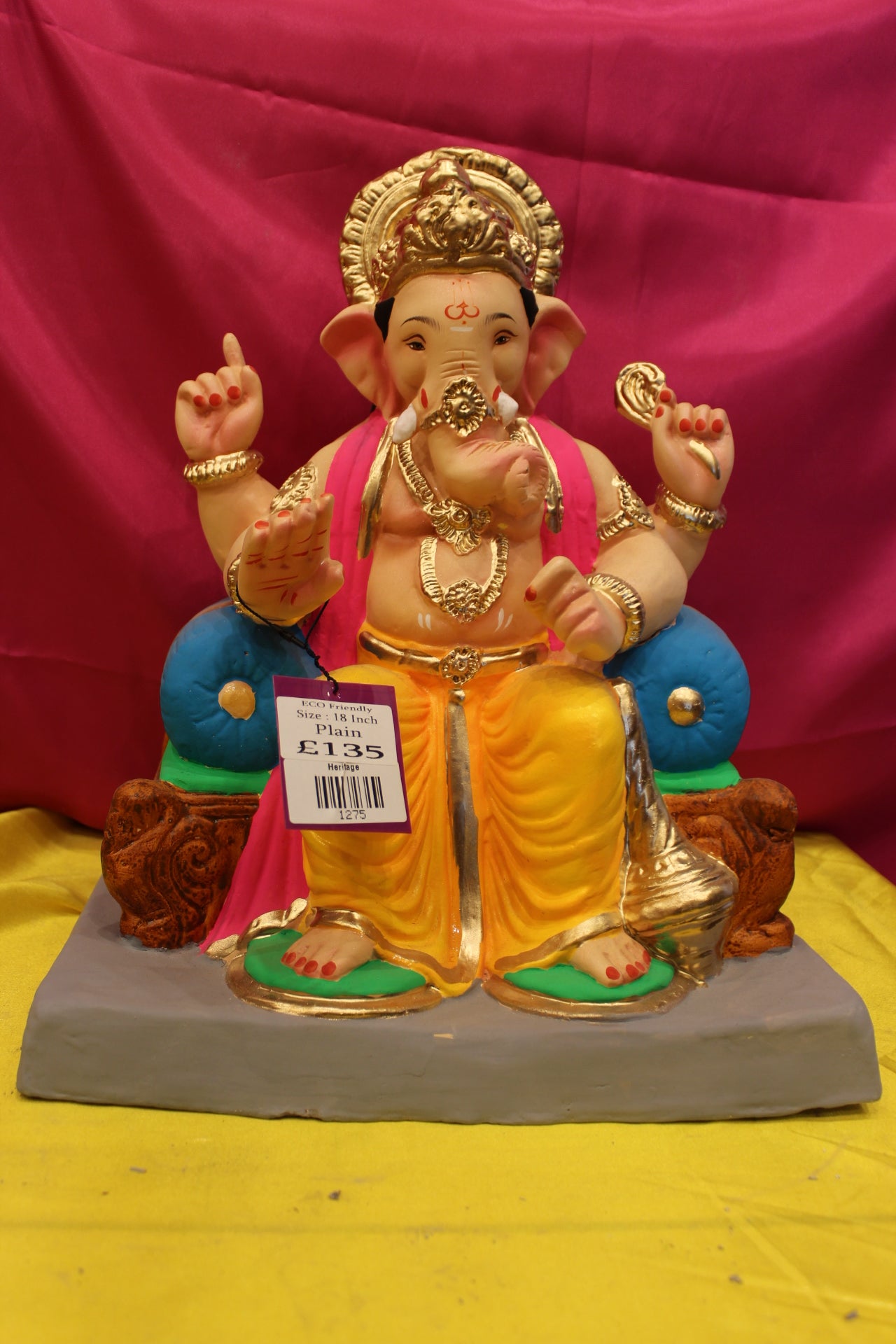 Eco-Friendly Ganesh Visarjan Idol – Golden Dhoti & Pink Sash, Blue Bolsters, ~18 inch