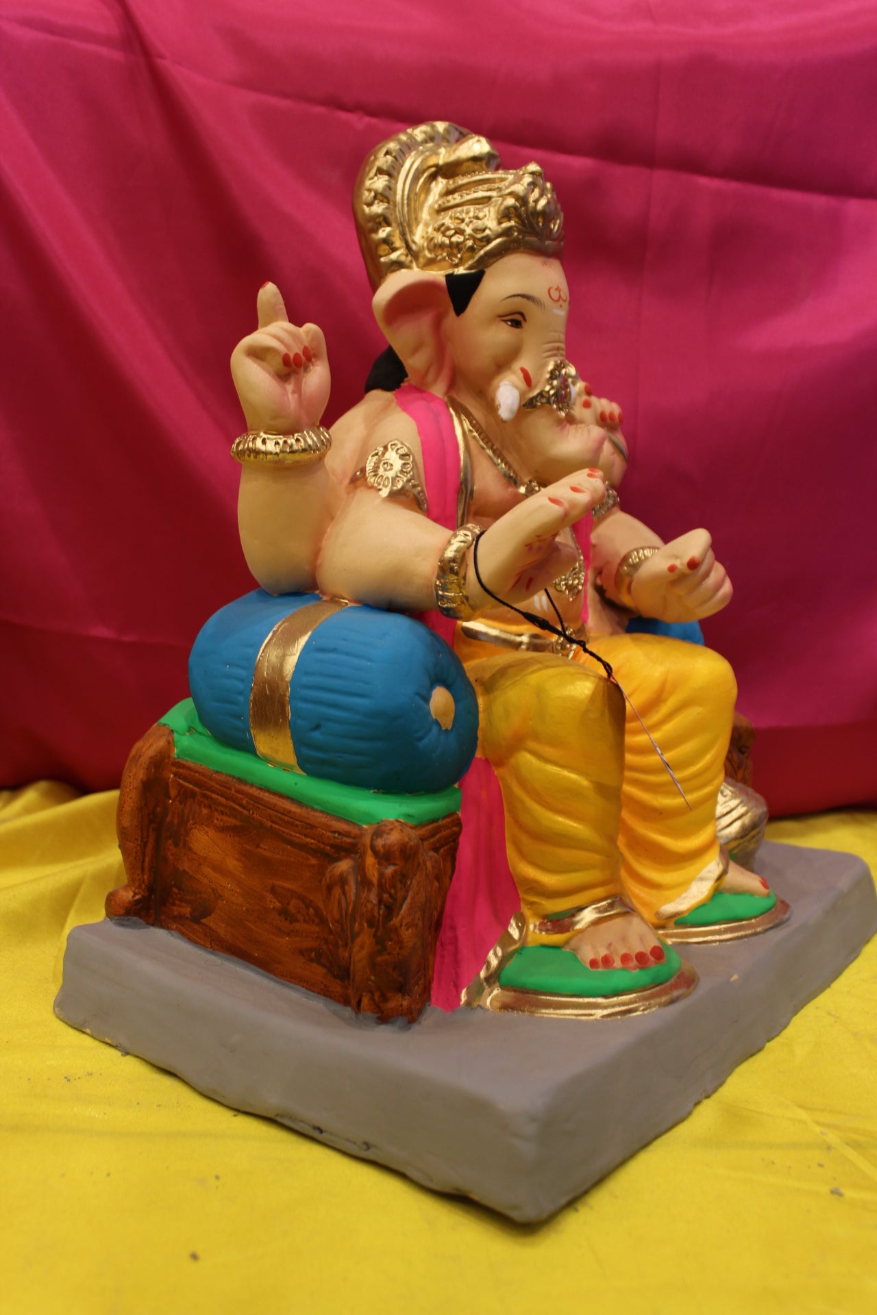 Eco-Friendly Ganesh Visarjan Idol – Golden Dhoti & Pink Sash, Blue Bolsters, ~18 inch