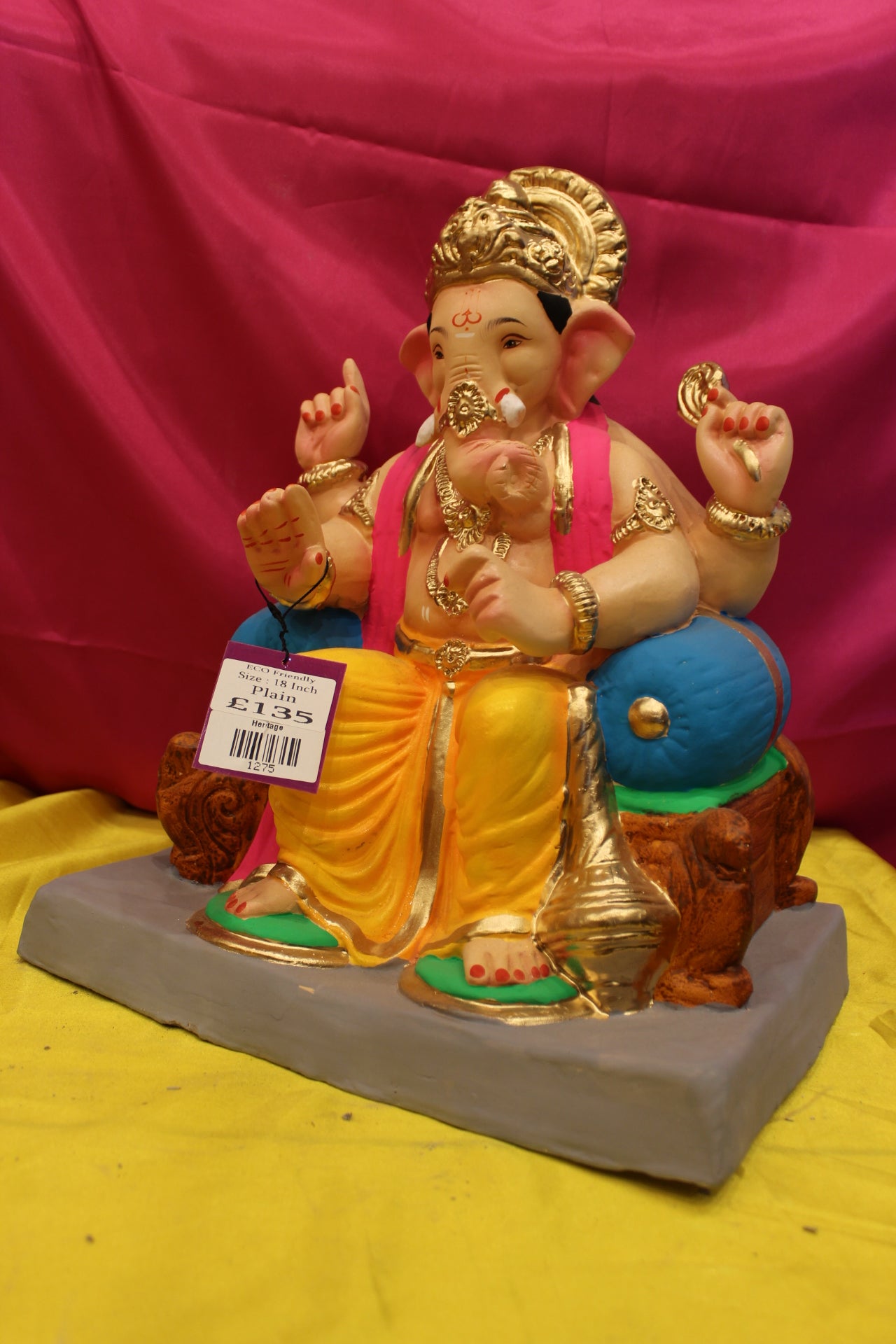 Eco-Friendly Ganesh Visarjan Idol – Golden Dhoti & Pink Sash, Blue Bolsters, ~18 inch