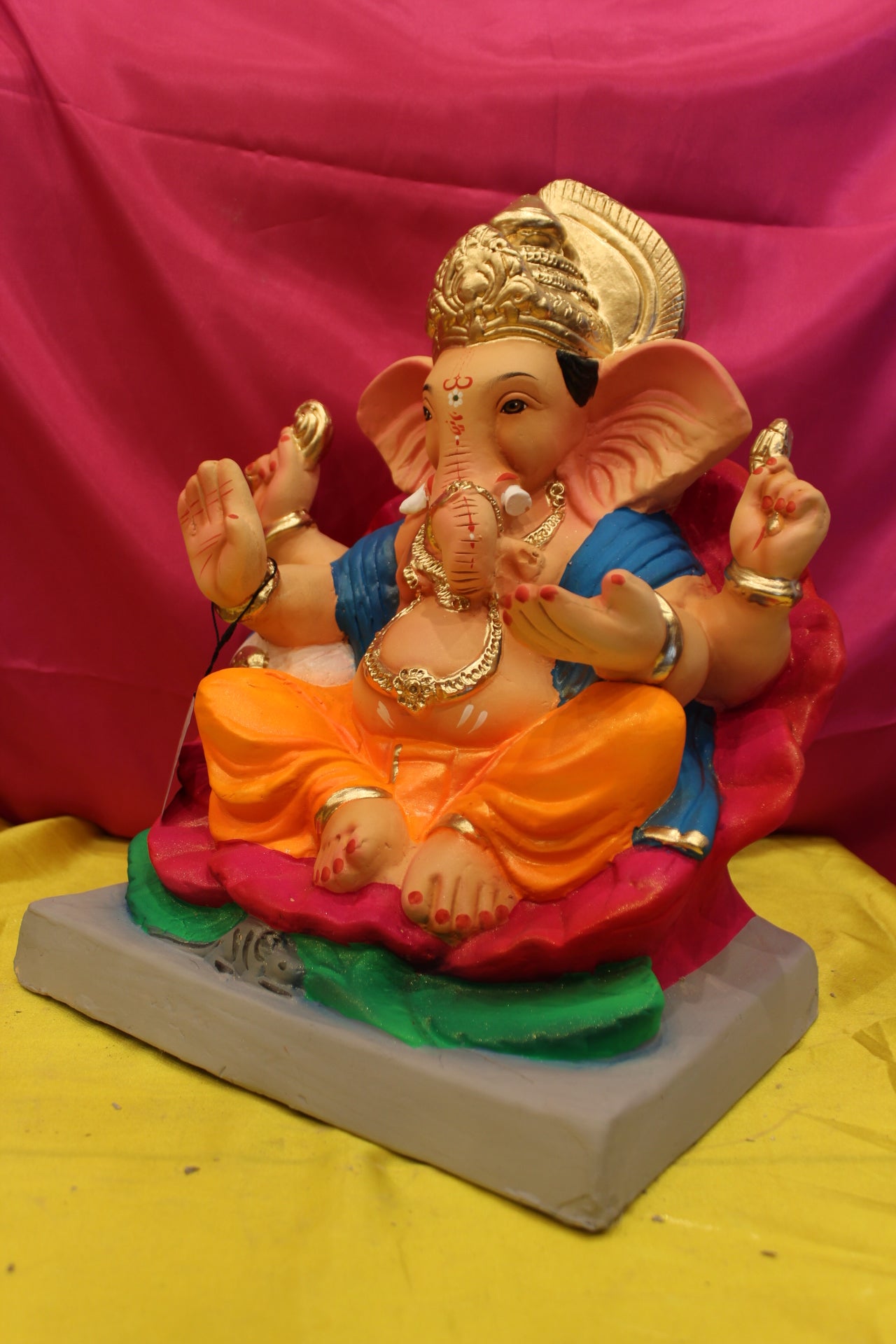 Eco-Friendly Ganesh Visarjan Idol – Orange Dhoti & Blue Khes, ~18 inch