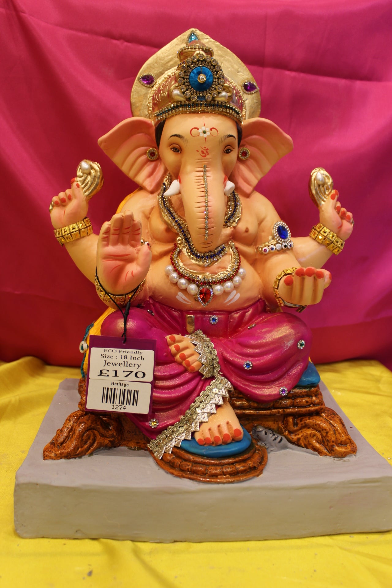 Eco-Friendly Ganesh Visarjan Idol – Jewellery Style, Magenta Dhoti & Yellow Khes, ~18 inch