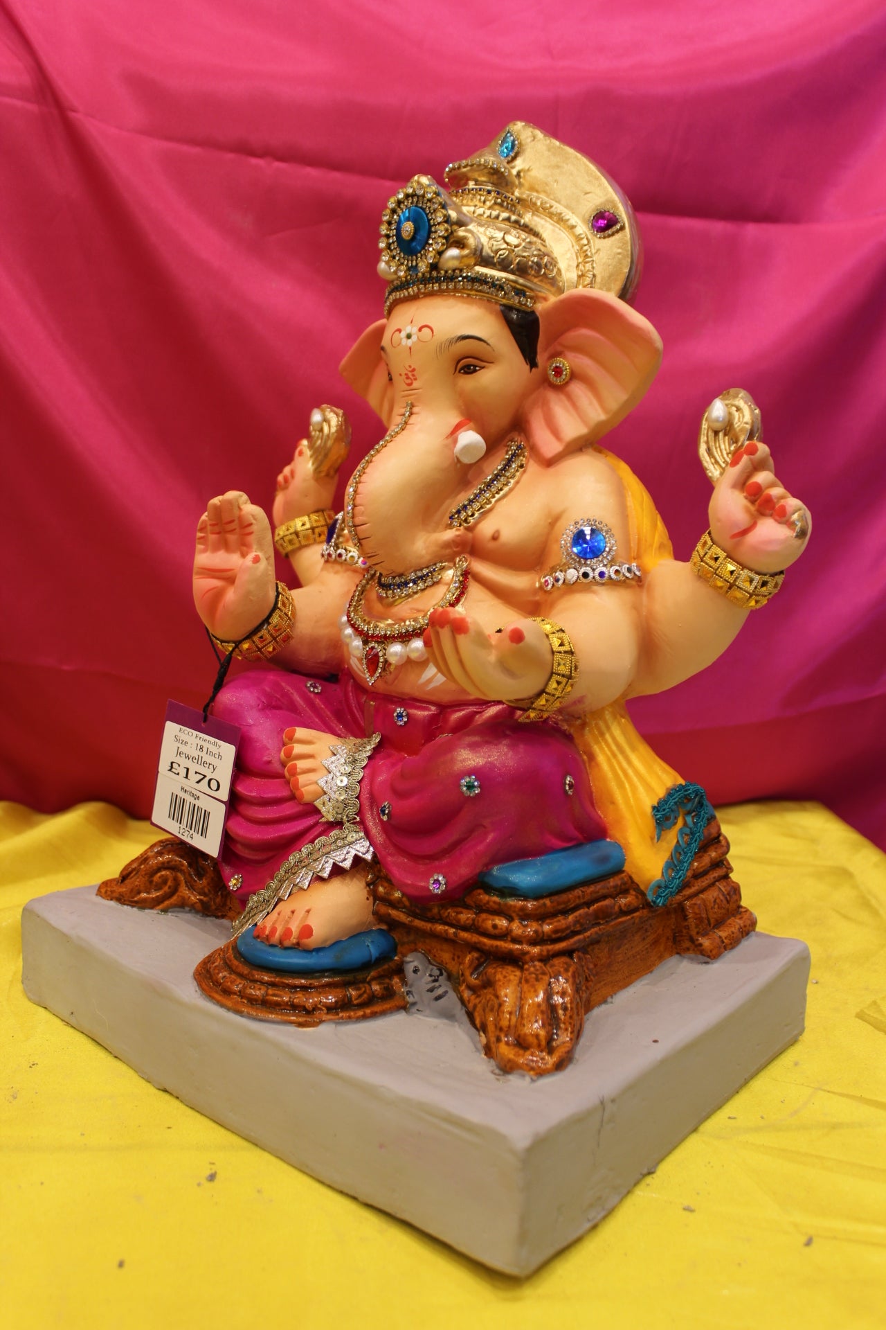 Eco-Friendly Ganesh Visarjan Idol – Jewellery Style, Magenta Dhoti & Yellow Khes, ~18 inch