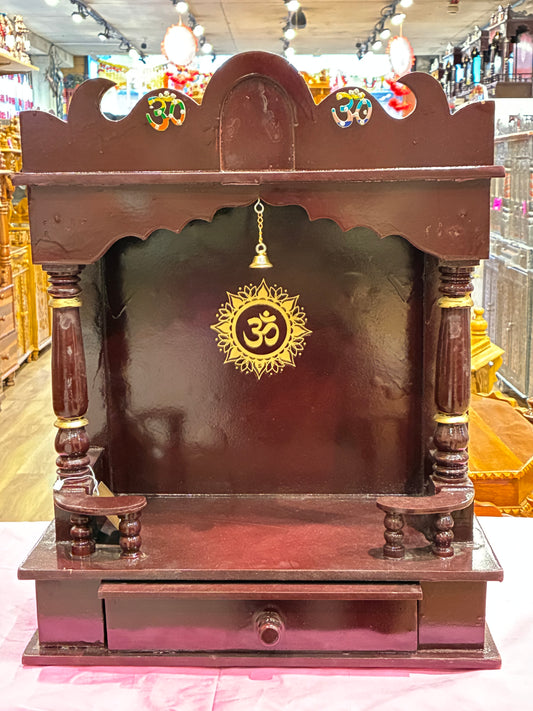 Hand-Painted Wooden Mandir - A116 (Deep Mahogany with Gold Om Accents)