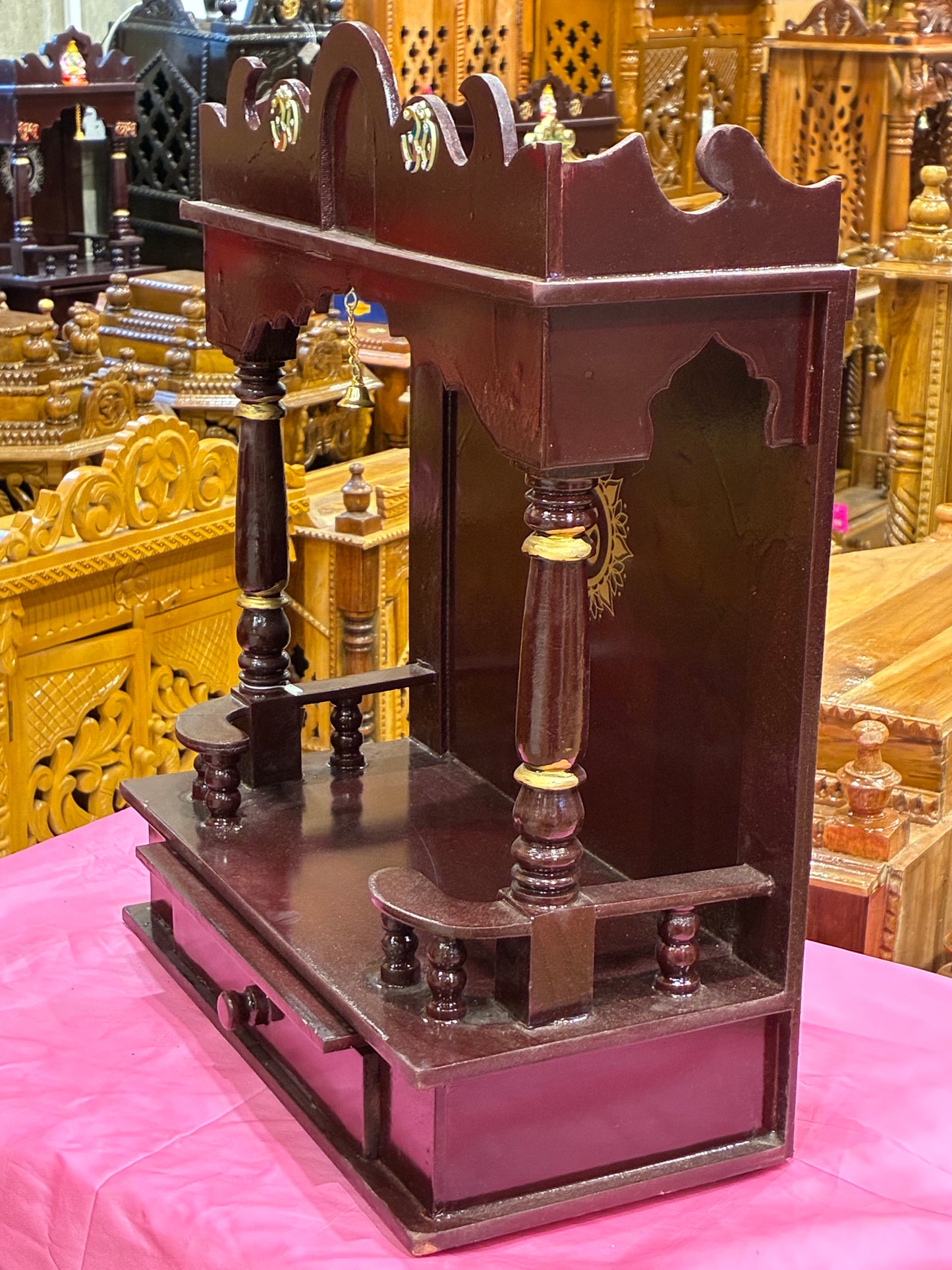 Hand-Painted Wooden Mandir - A116 (Deep Mahogany with Gold Om Accents)
