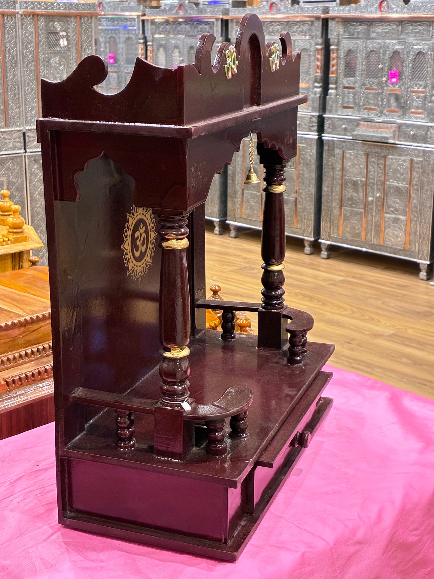 Hand-Painted Wooden Mandir - A116 (Deep Mahogany with Gold Om Accents)