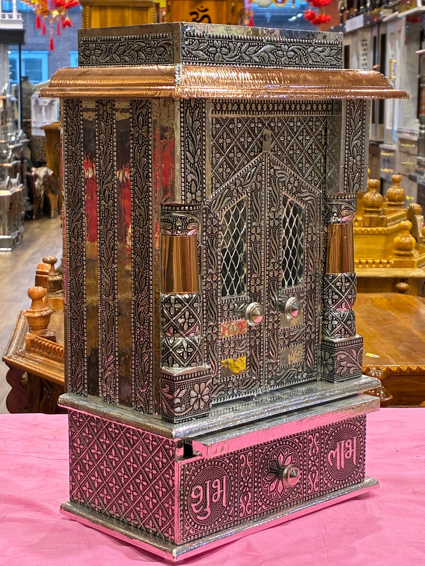 Oxodised Mandir - A119 (Pearl White with Multicolor Floral Art)