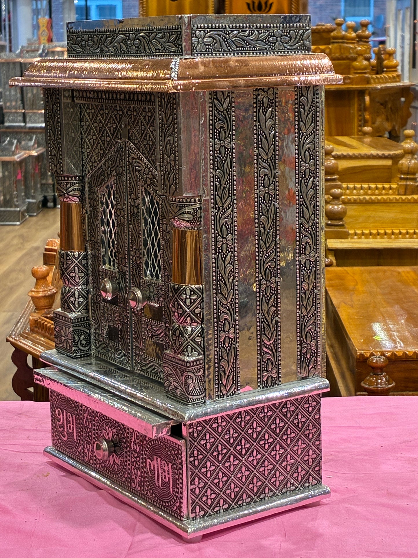 Oxodised Mandir - A119 (Pearl White with Multicolor Floral Art)