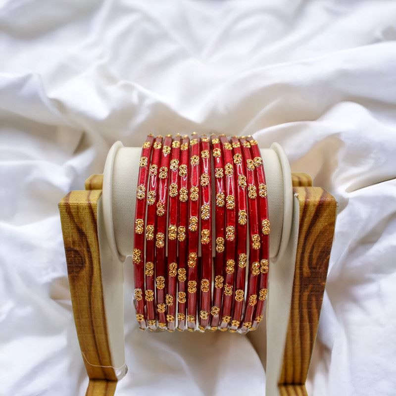 Dot pattern glass bangles set of 12 - Red Violet