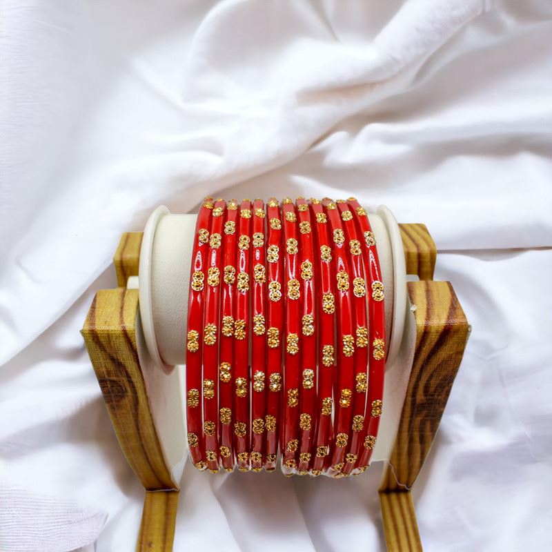 Dot pattern glass bangles set of 12 - Orient Red