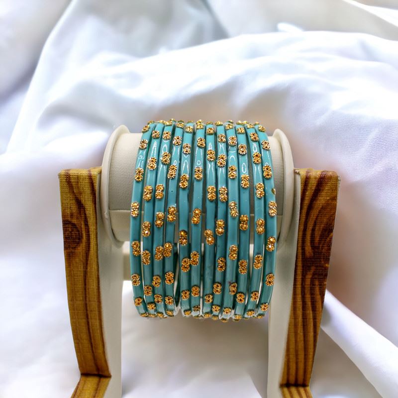 Dot pattern glass bangles set of 12 - Light Blue