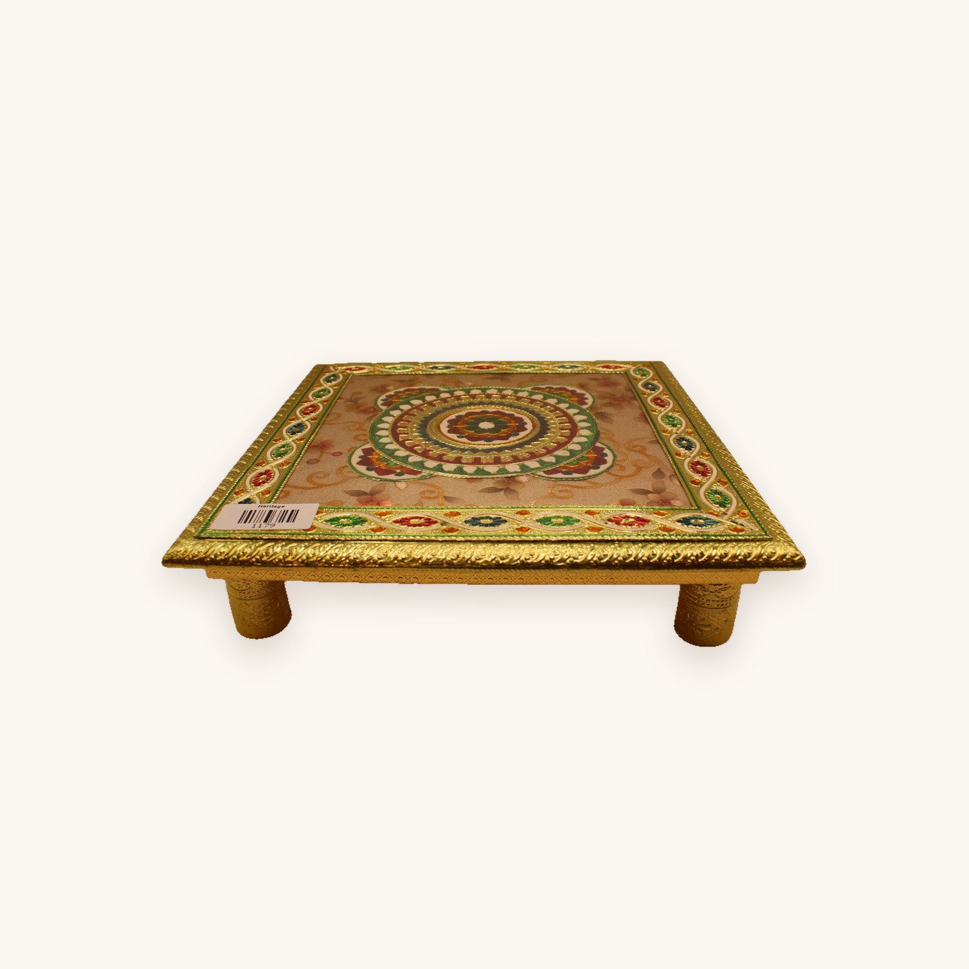 Floral meenakari chowki pooja stool in gold and enamel, 12 x 12 inch