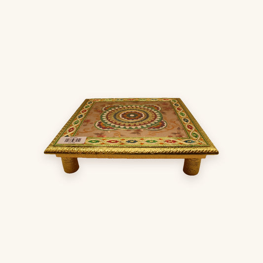 Floral meenakari chowki pooja stool in gold and enamel, 12 x 12 inch