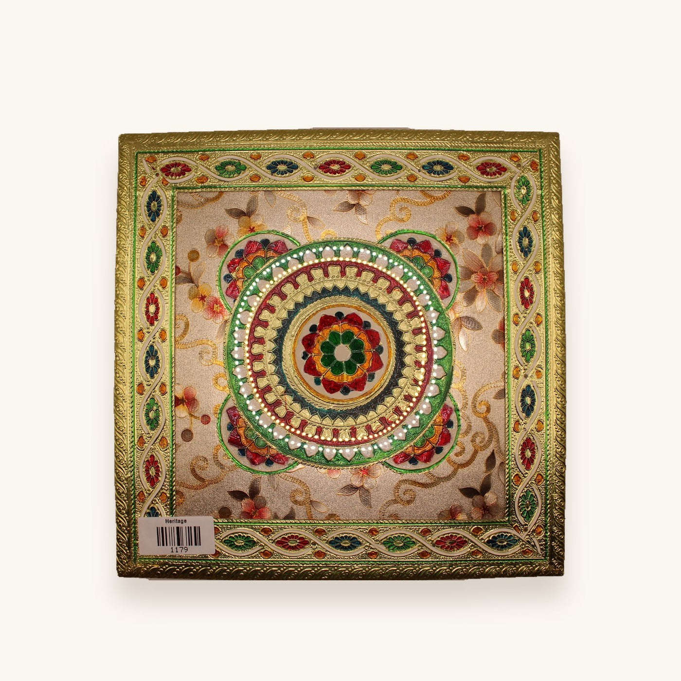 Floral meenakari chowki 12 x 12 inch, top-down view of the painted mandala