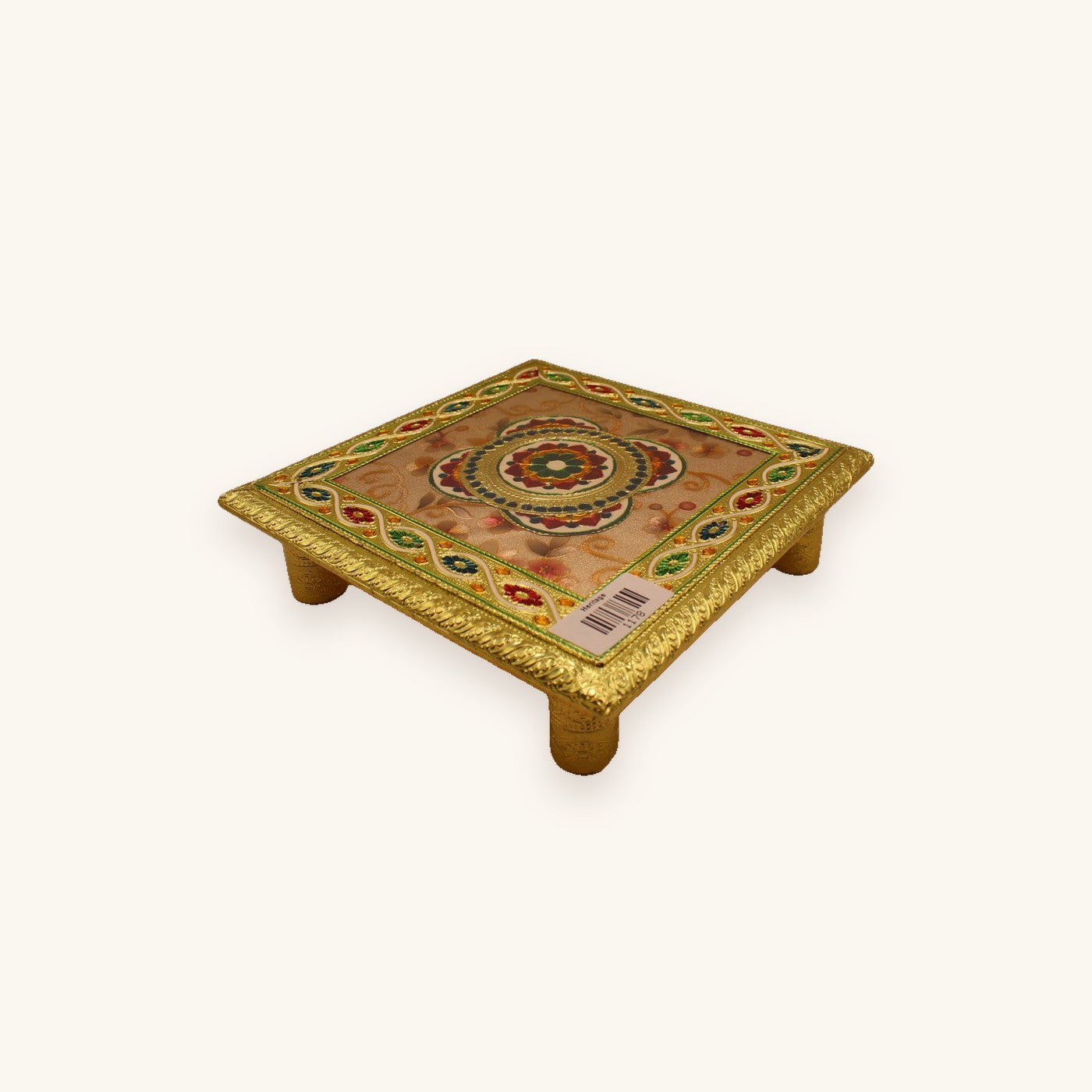 Floral meenakari chowki 10 x 10 inch, angled view