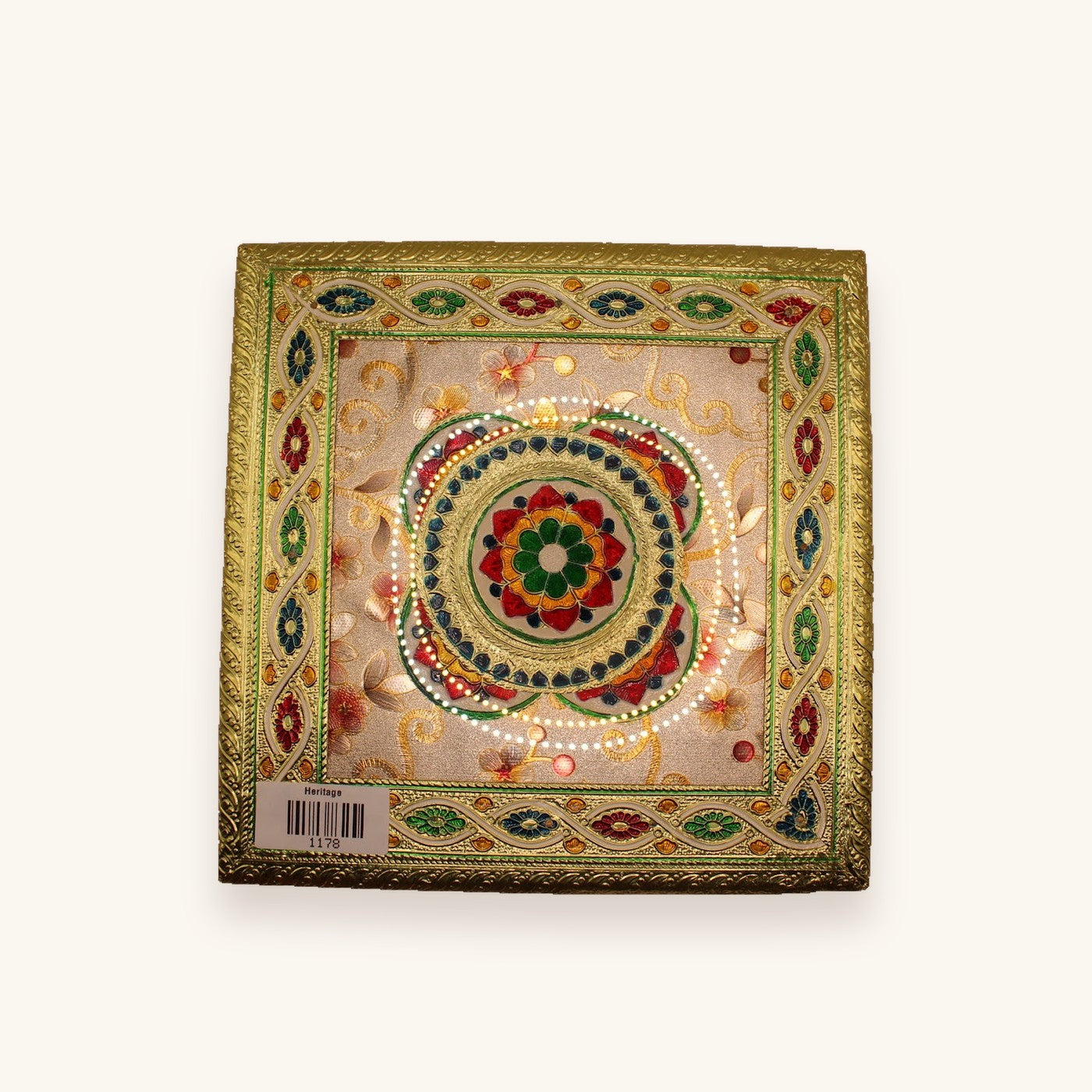 Floral meenakari chowki 10 x 10 inch, top-down view