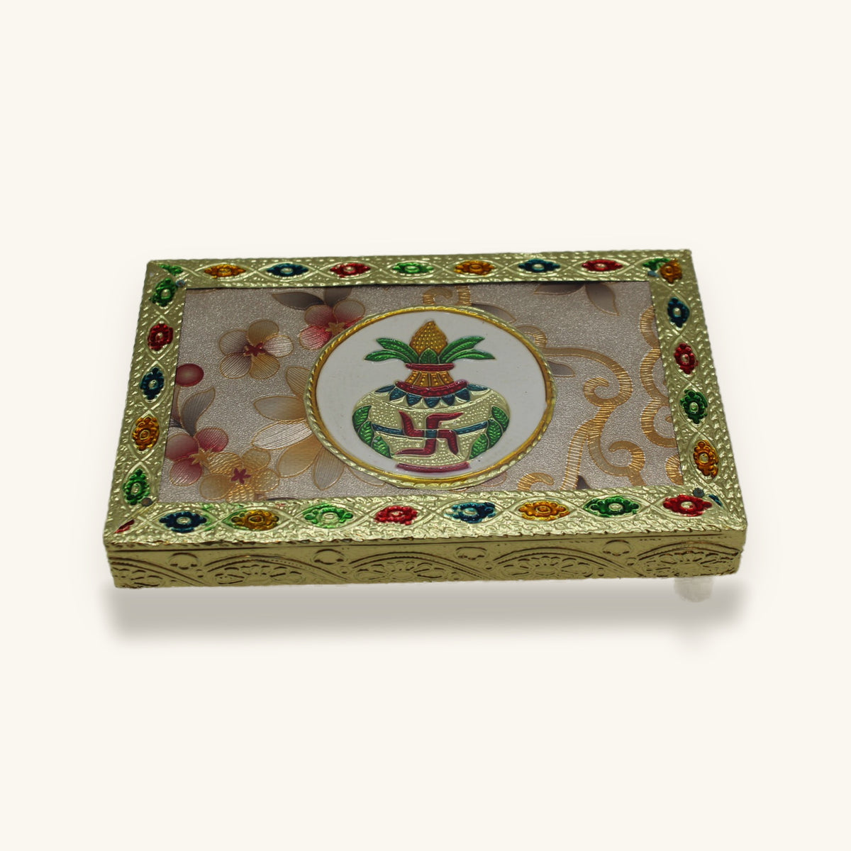 Floral meenakari chowki pooja stool in gold and enamel, 6 x 4 inch