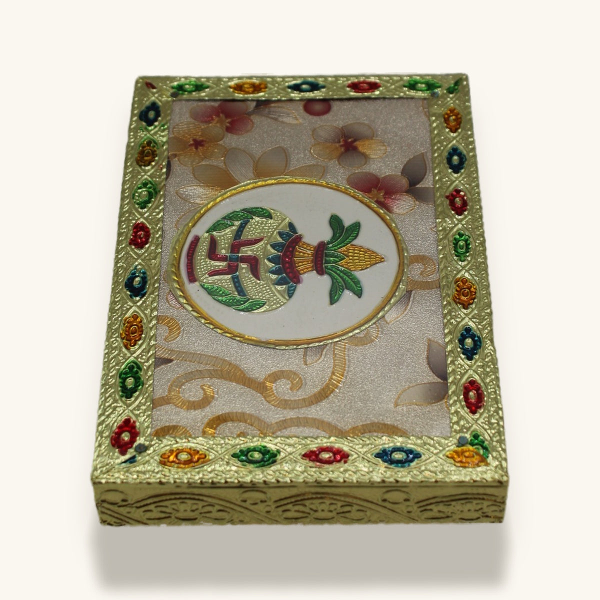 Floral meenakari chowki 6 x 4 inch, top-down view of the kalash and swastik mandala