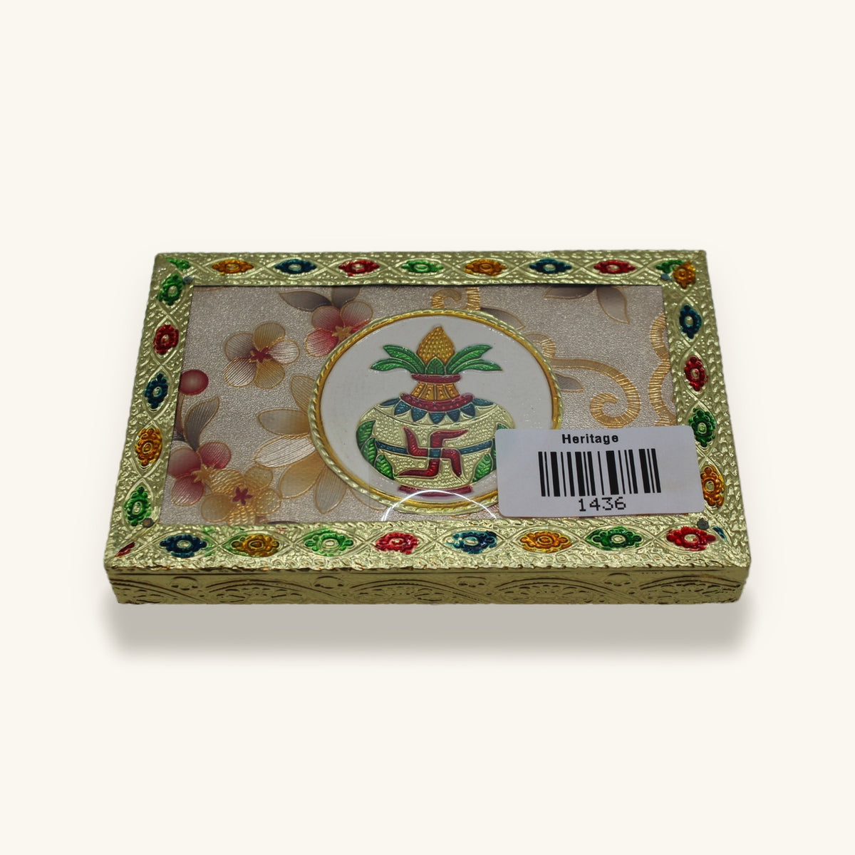 Floral meenakari chowki 6 x 4 inch, barcode label
