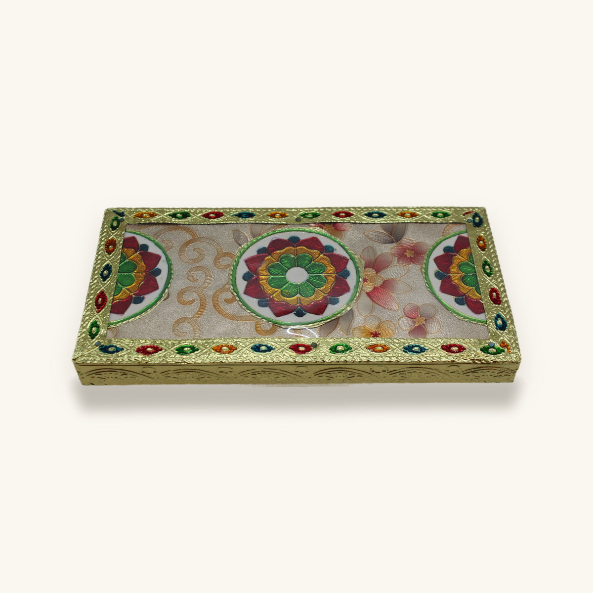 Floral meenakari chowki pooja stool in gold and enamel, 8 x 4 inch