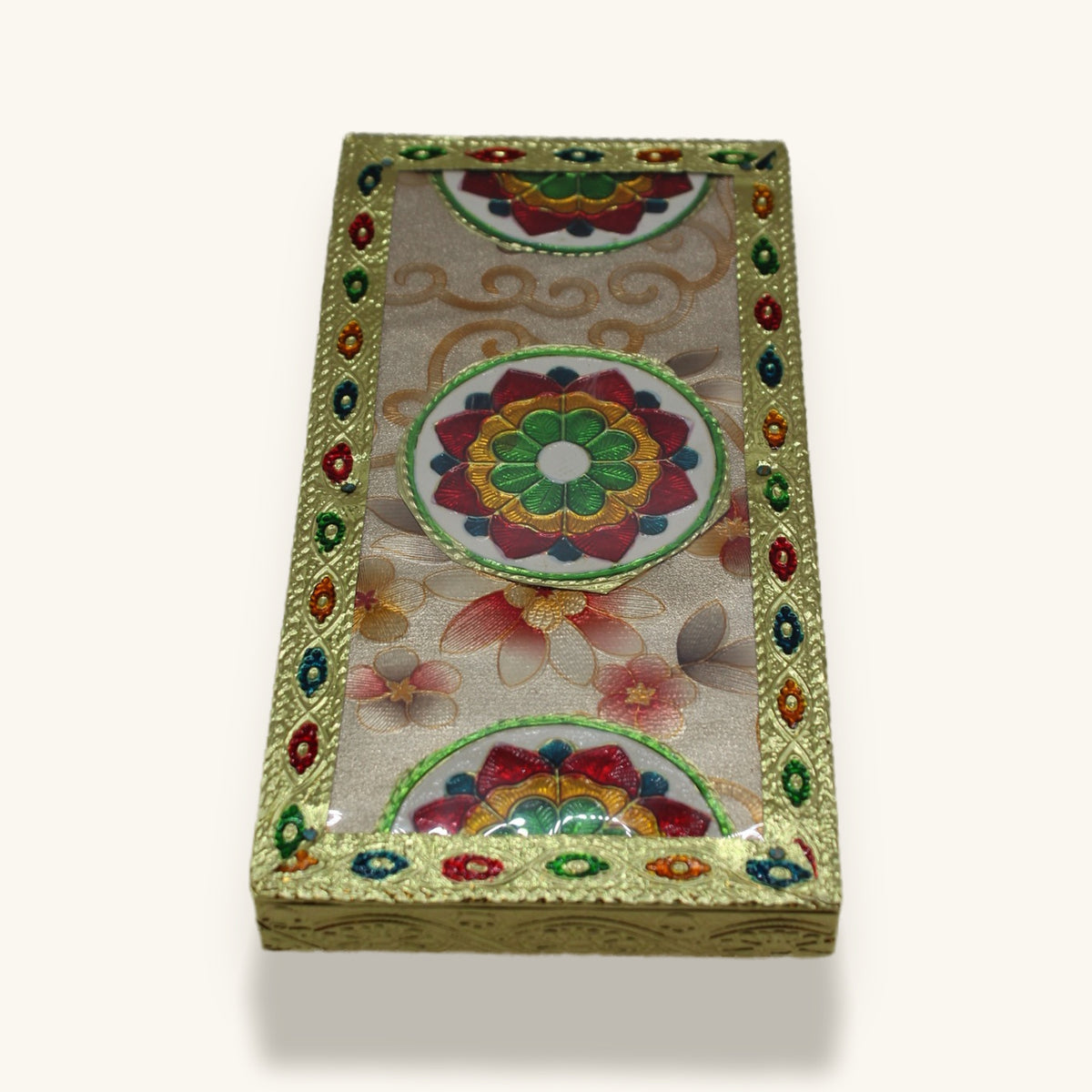 Floral meenakari chowki 8 x 4 inch, top-down view of the three mandalas