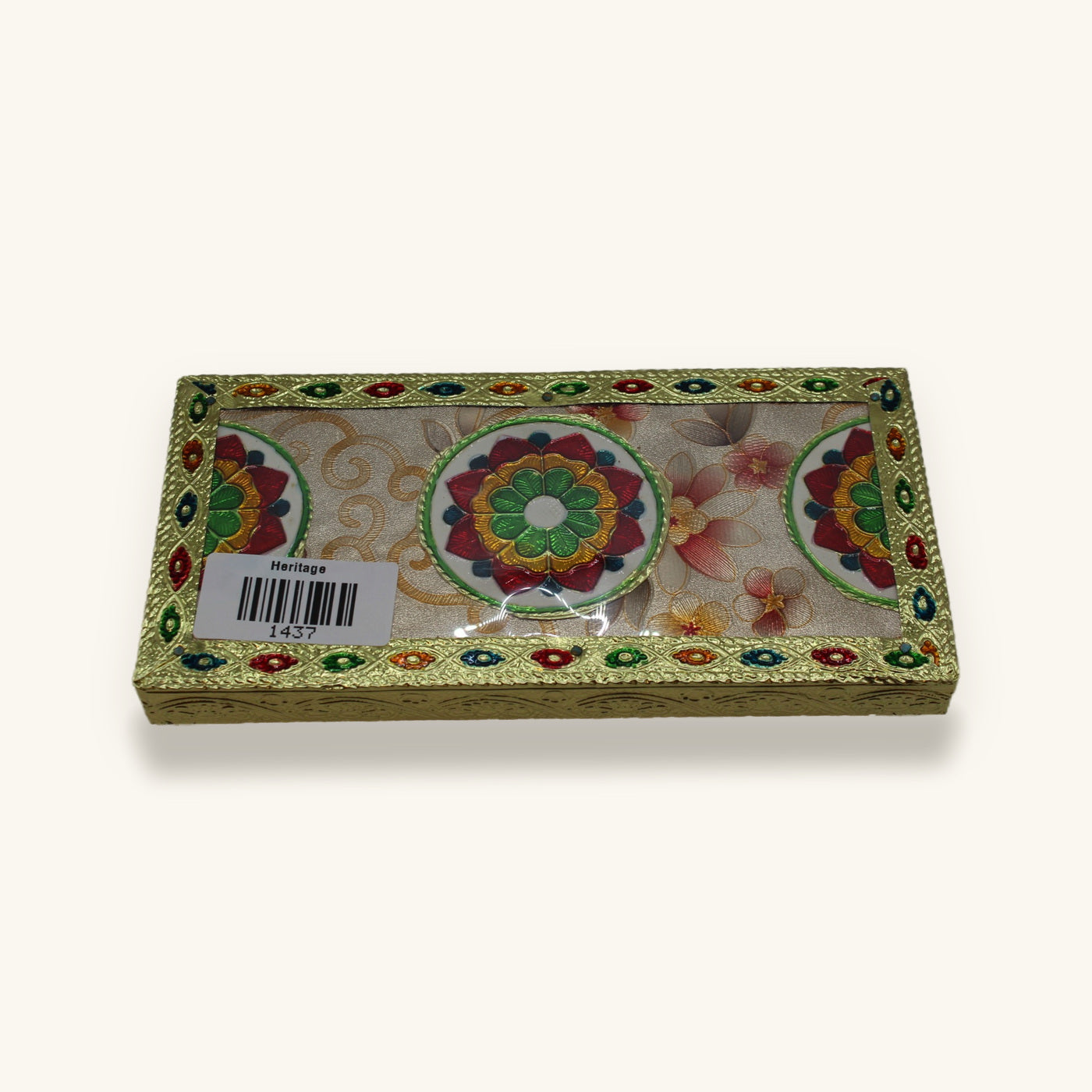 Floral meenakari chowki 8 x 4 inch, barcode label