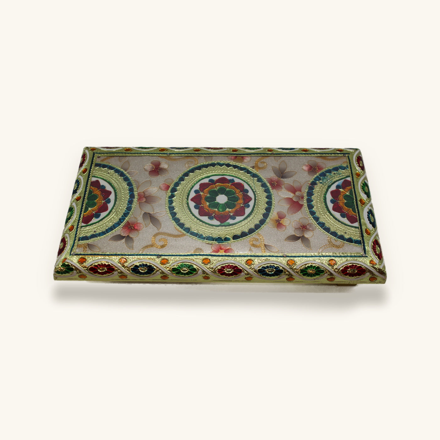 Floral meenakari chowki pooja stool in gold and enamel, 11 x 6 inch