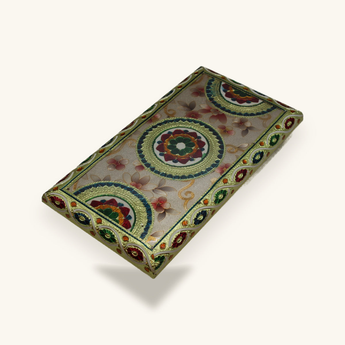Floral meenakari chowki 11 x 6 inch, top-down view of the three mandalas