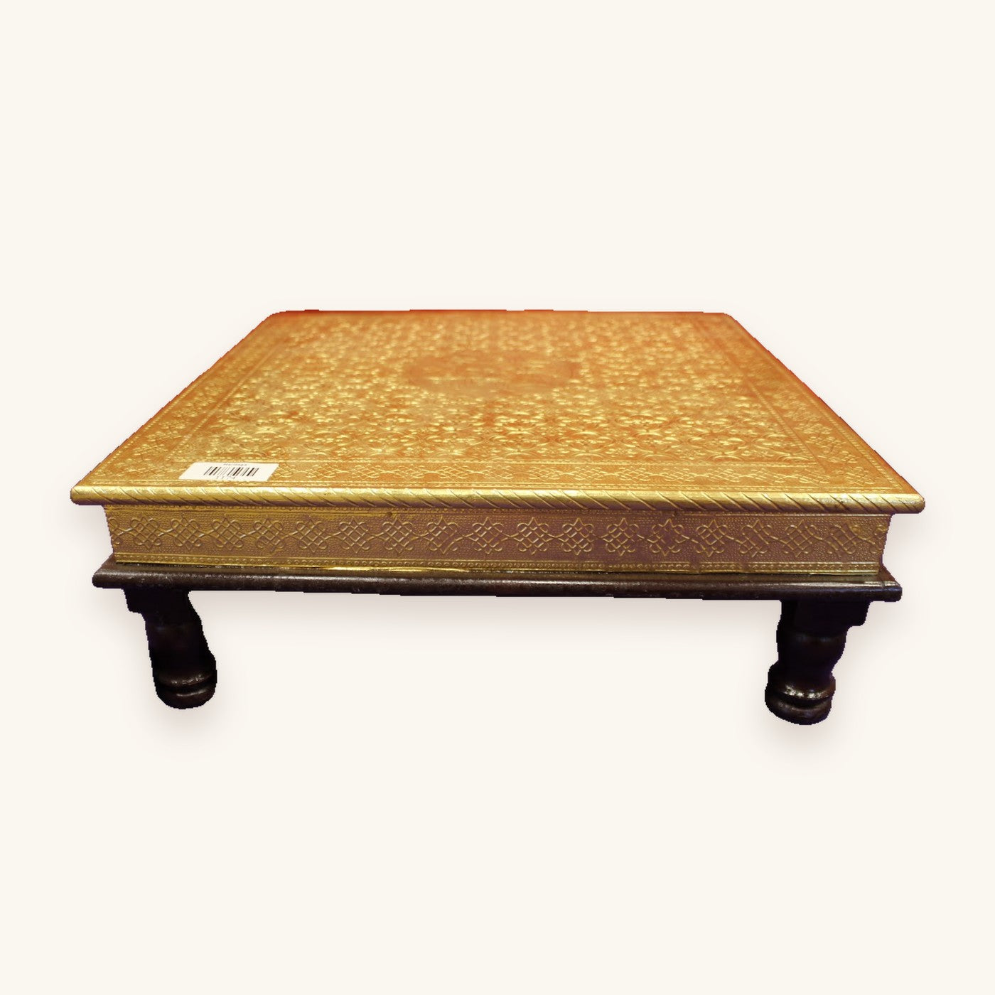 Gold embossed bajot pooja chowki with floral medallion top, 18 x 18 inch